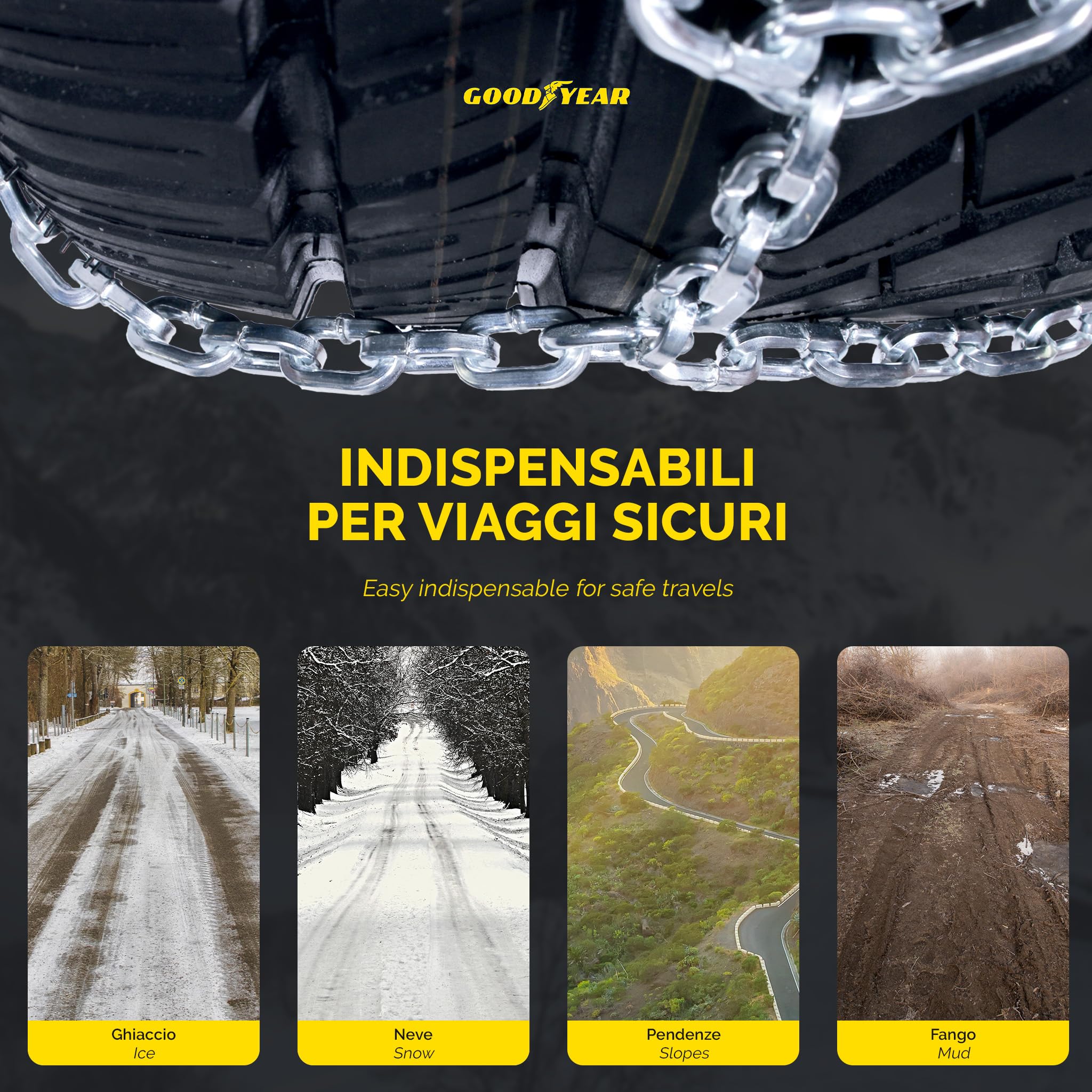 Goodyear 77937 12mm Snow Chains for Passenger Cars, SUVs, Vans, Motorhomes & 4x4 - TUV & ONORM Approved (Size 250) - Winter Traction for Snowy Roads & Mountain Driving