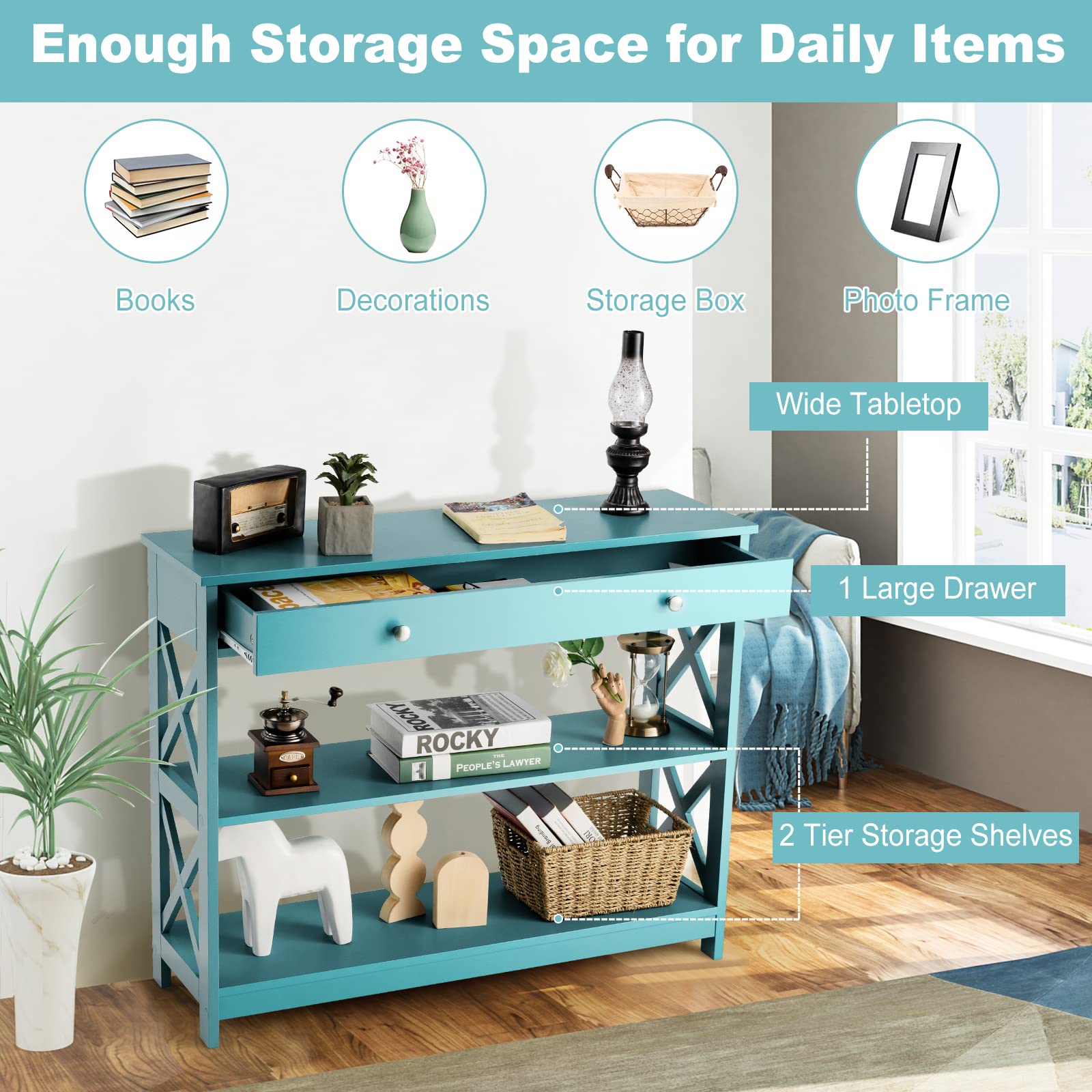 Giantex 3-Tier Console Table with Drawer & Storage Shelves - X-Design Entryway Sofa Table for Hallway, Living Room & Bedroom - Blue - Perfect for Small Space Organization & Home Decor