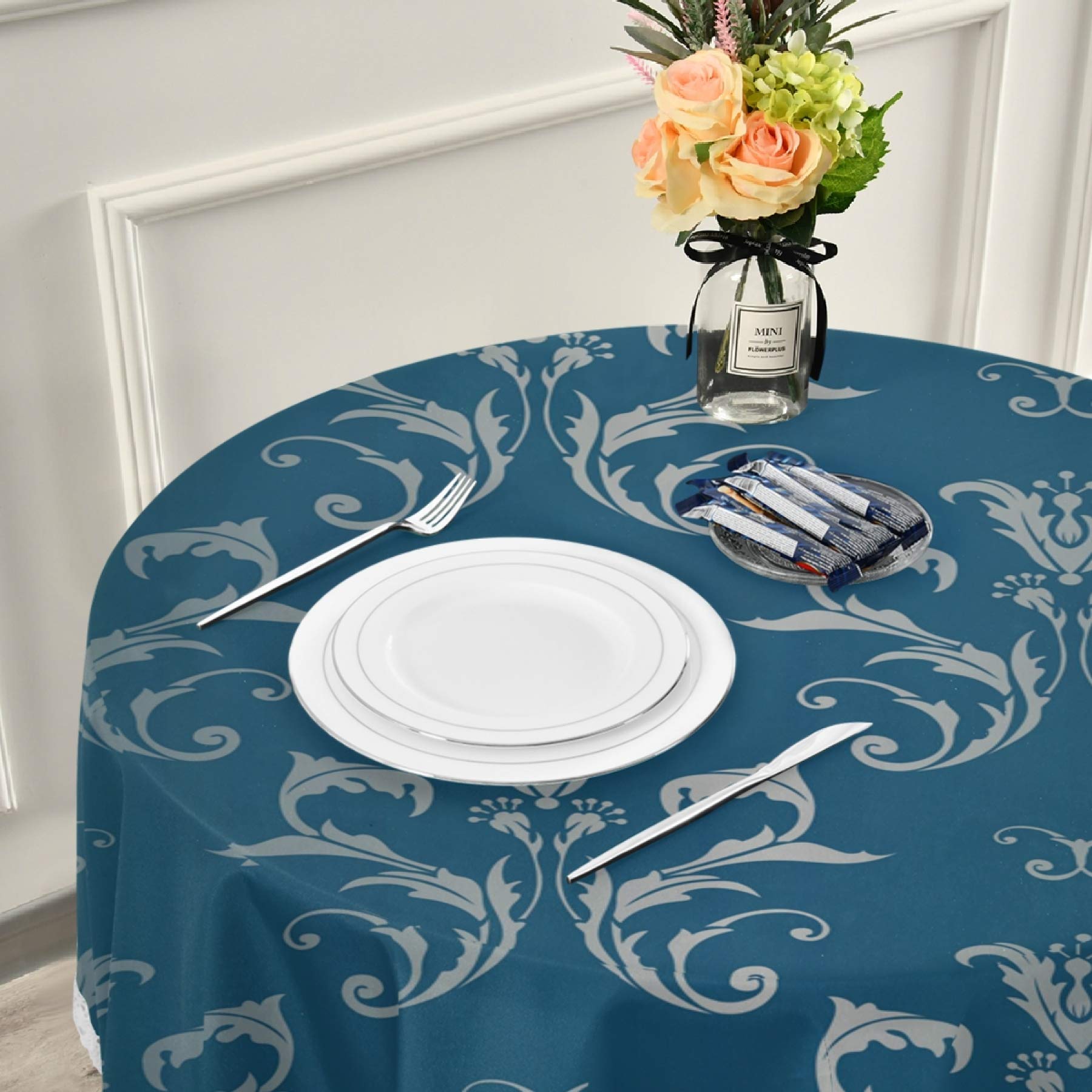 Royal Aqua Blue Floral Waterproof Round Tablecloth 60