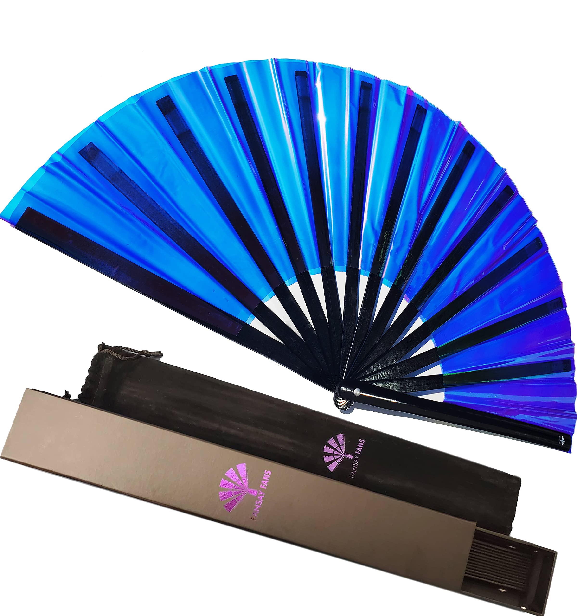 Iridescent Folding Hand Fan for Women & Men - Large Portable Fan with Carrying Case - Perfect for Festivals, Raves, Cosplay & Summer Cooling - Blissful Blue