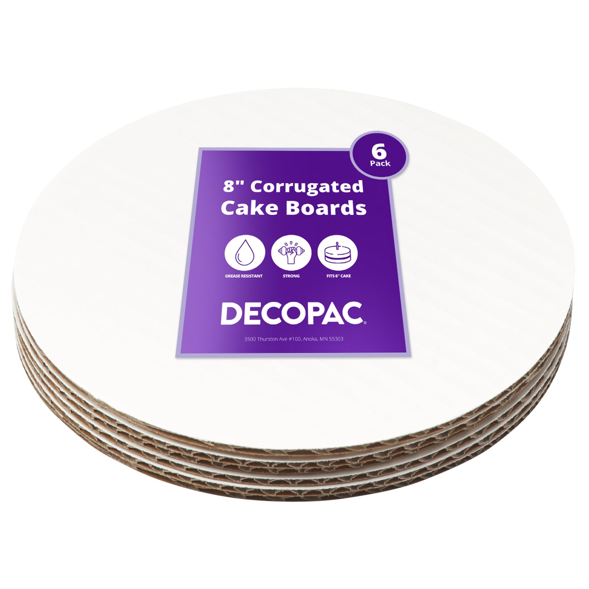 DecoPac 8 Inch Round Cake Board - 6 Pack White Waxed Greaseproof Corrugated Cardboard for Birthday, Wedding & Party Cakes - Sturdy Baking & Decorating Base for Professional & Home Bakers