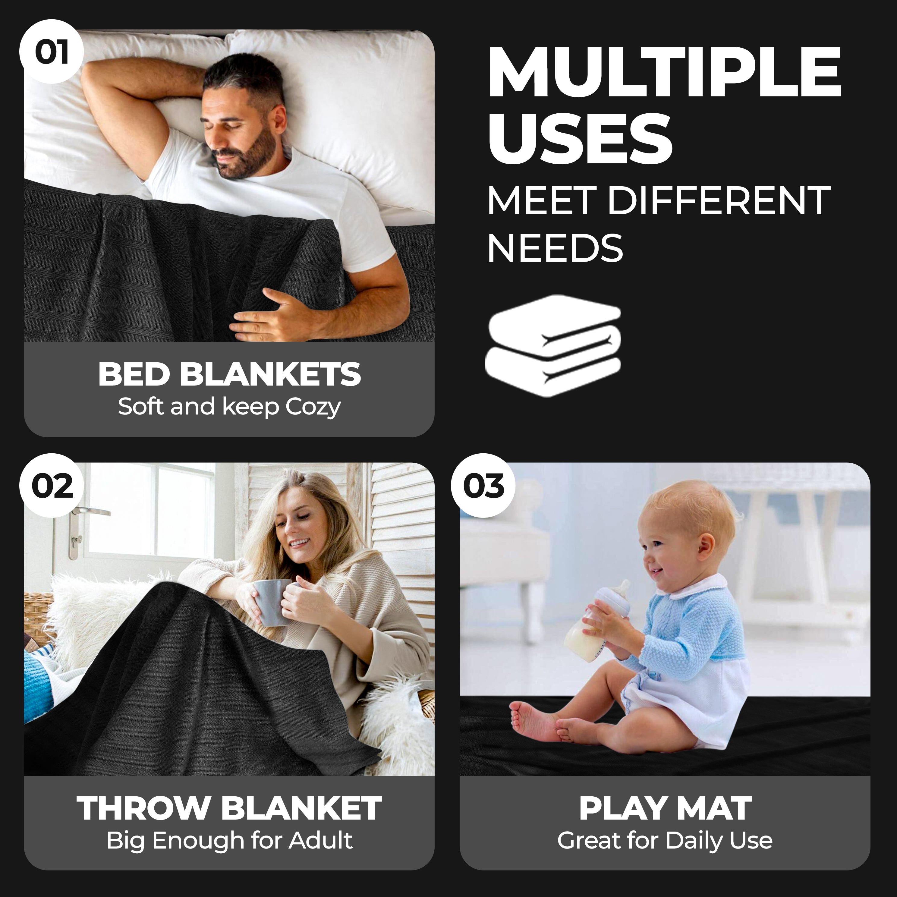 Clara Cotton Textured Striped Lightweight Woven Blanket - Soft & Breathable Throw for Bed, Sofa, and Outdoor Picnics