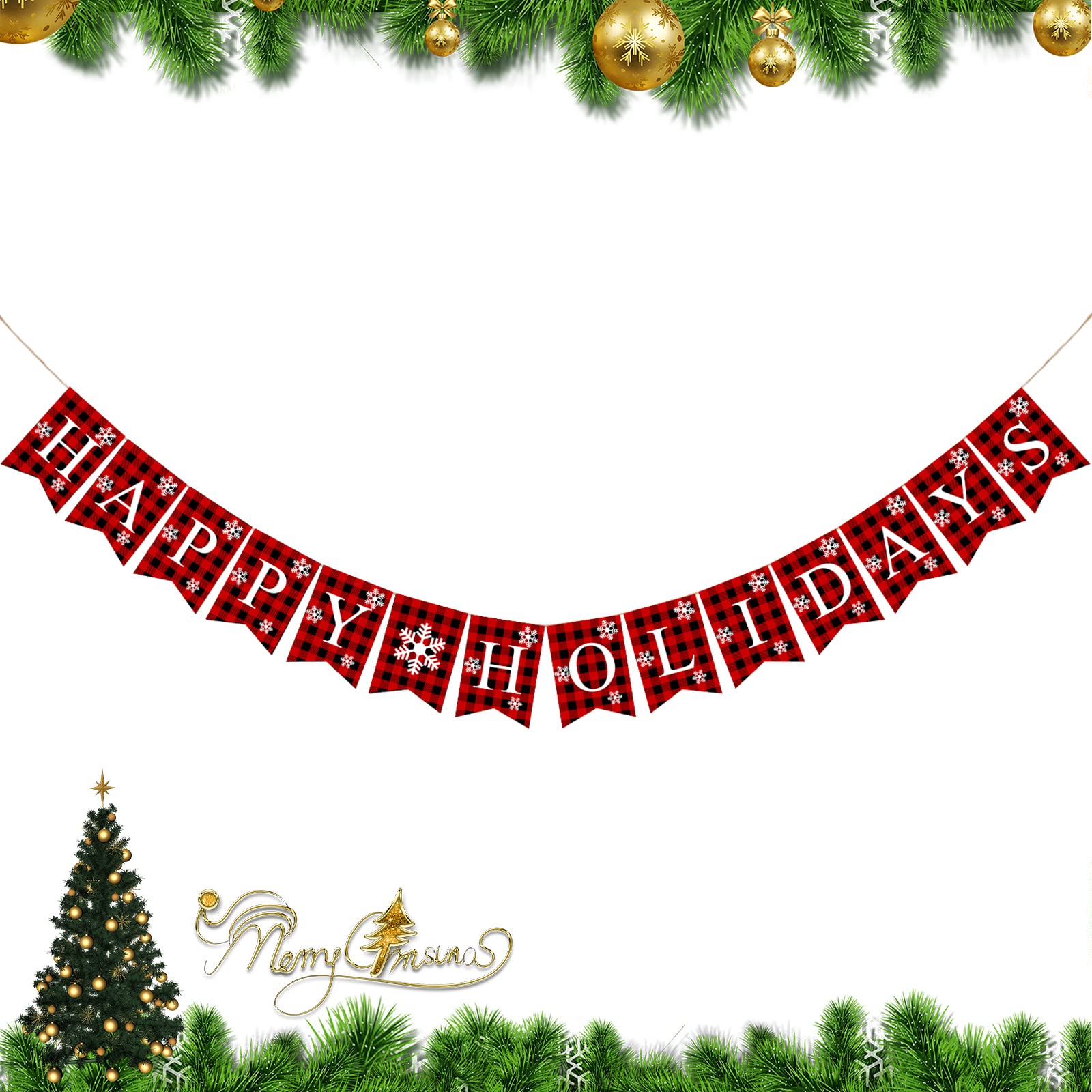 Plaid Happy Holidays Banner - Rustic Burlap Christmas Bunting for Wall & Fireplace Decor - Perfect for Holiday Parties, Home & Office Christmas Decorations