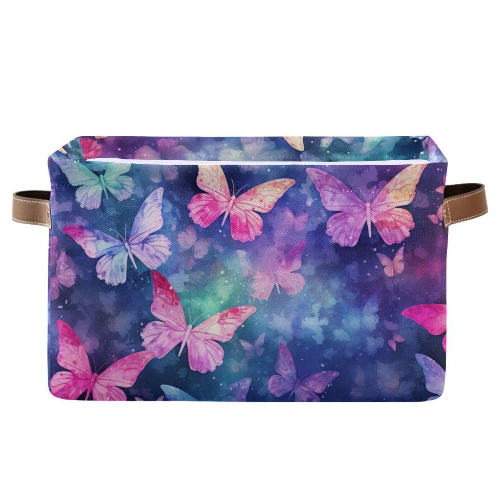 Senya Foldable Fabric Storage Basket - Spring Purple Flowers & Butterfly Design, Collapsible Clothes Organizer Bin for Bedroom, Closet & Laundry Room Storage