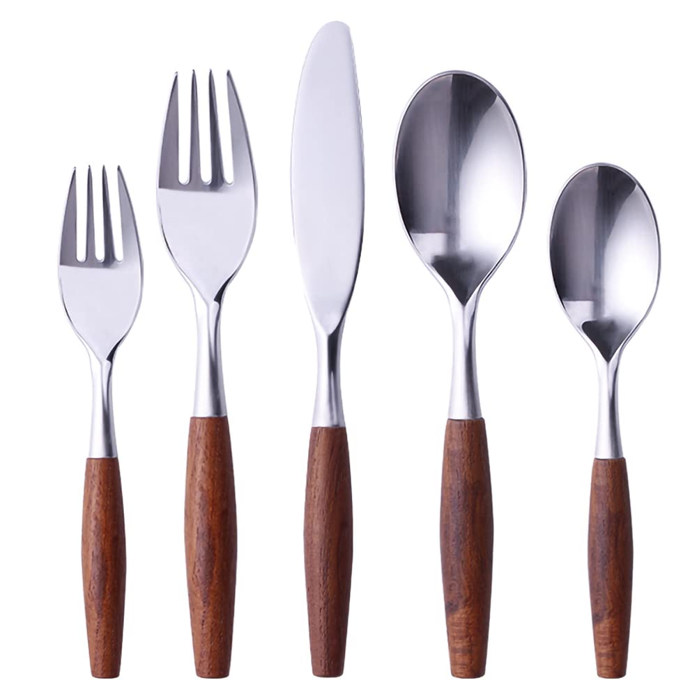 30-Piece Stainless Steel Flatware Set for 6 - Vintage Wooden Handle Cutlery Set with Spoons & Forks | Dishwasher Safe Modern Tableware for Home & Kitchen | Perfect for Dinner Parties, Family Gatherings & Everyday Dining