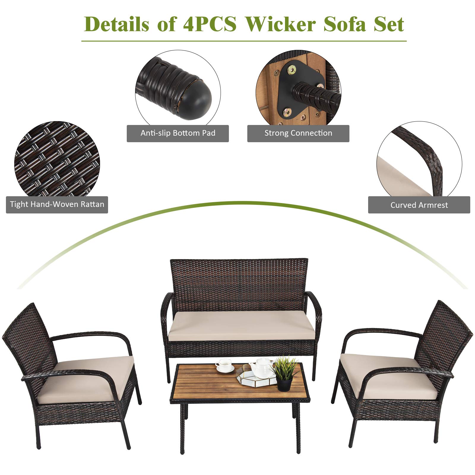 4-Piece Brown Wicker Outdoor Patio Conversation Set with Washable Cushions - Rattan Sofa & Chairs for Garden, Backyard, Poolside Relaxation