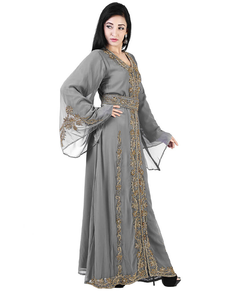 Elegant Arabic Grey Georgette Kaftan with Pearl Embroidery - Perfect for Weddings, Parties & Special Occasions