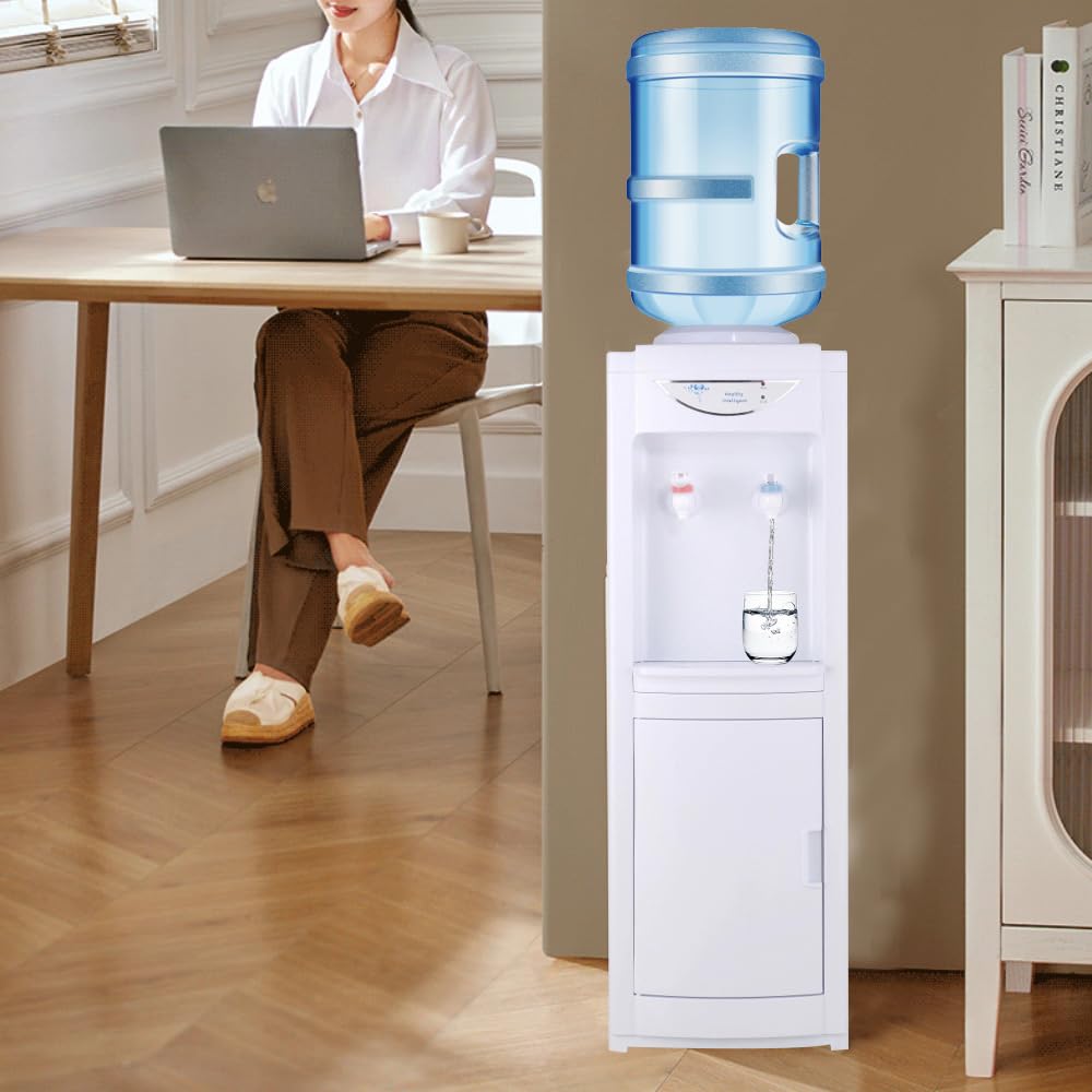 5 Gallon Hot & Cold Water Cooler Dispenser with Child Safety Lock - Top Loading Water Dispenser with Removable Drip Tray & Storage Cabinet for Home, Office, Kitchen, School, and Gym Use