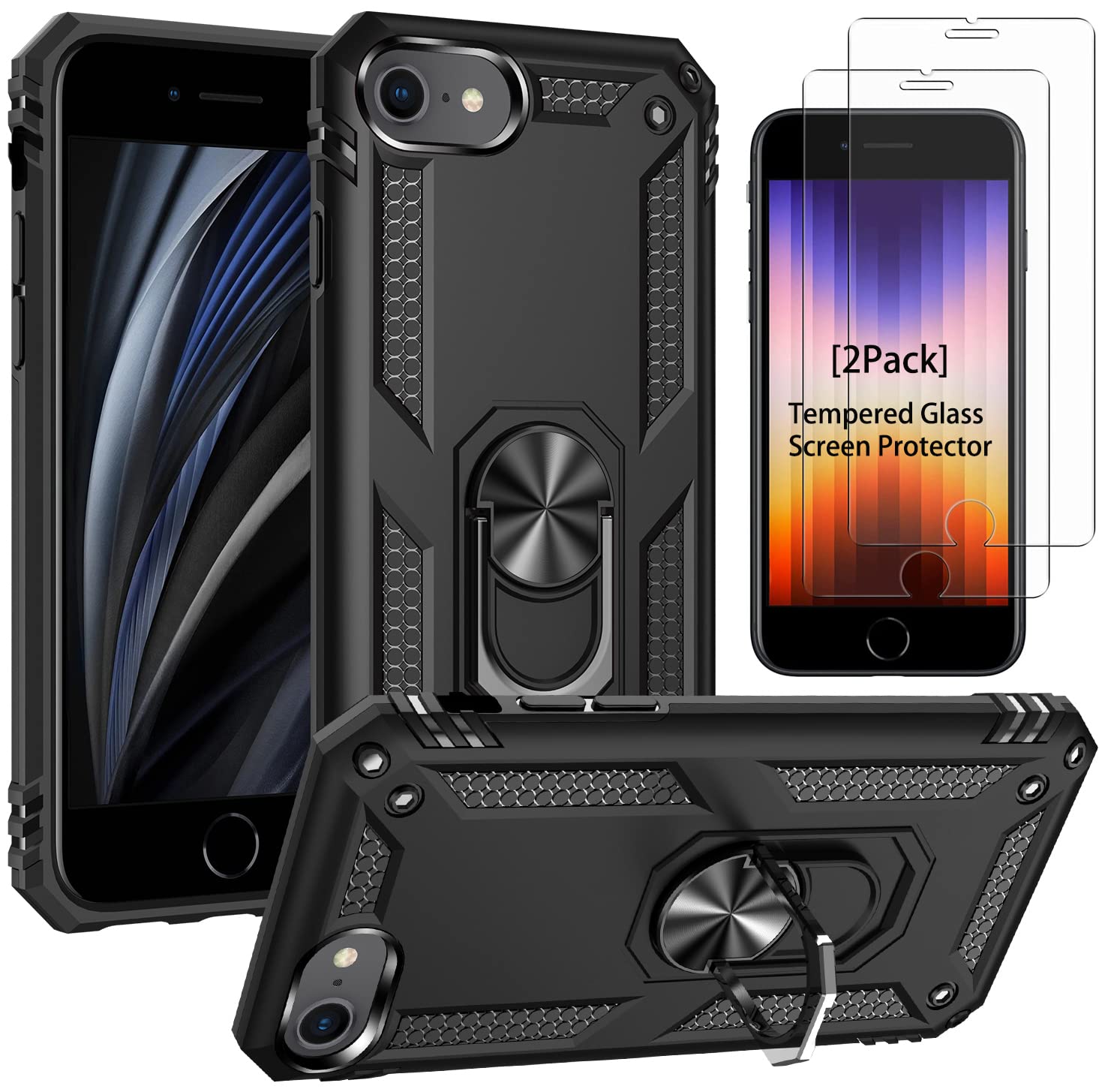 PhuLok Magnetic Ring Kickstand Phone Case for iPhone SE 2022/SE 2020/8/7 - 2 Pack with Tempered Glass Screen Protector | Shockproof Protective Cover for Work, Travel & Outdoor Activities (Black)