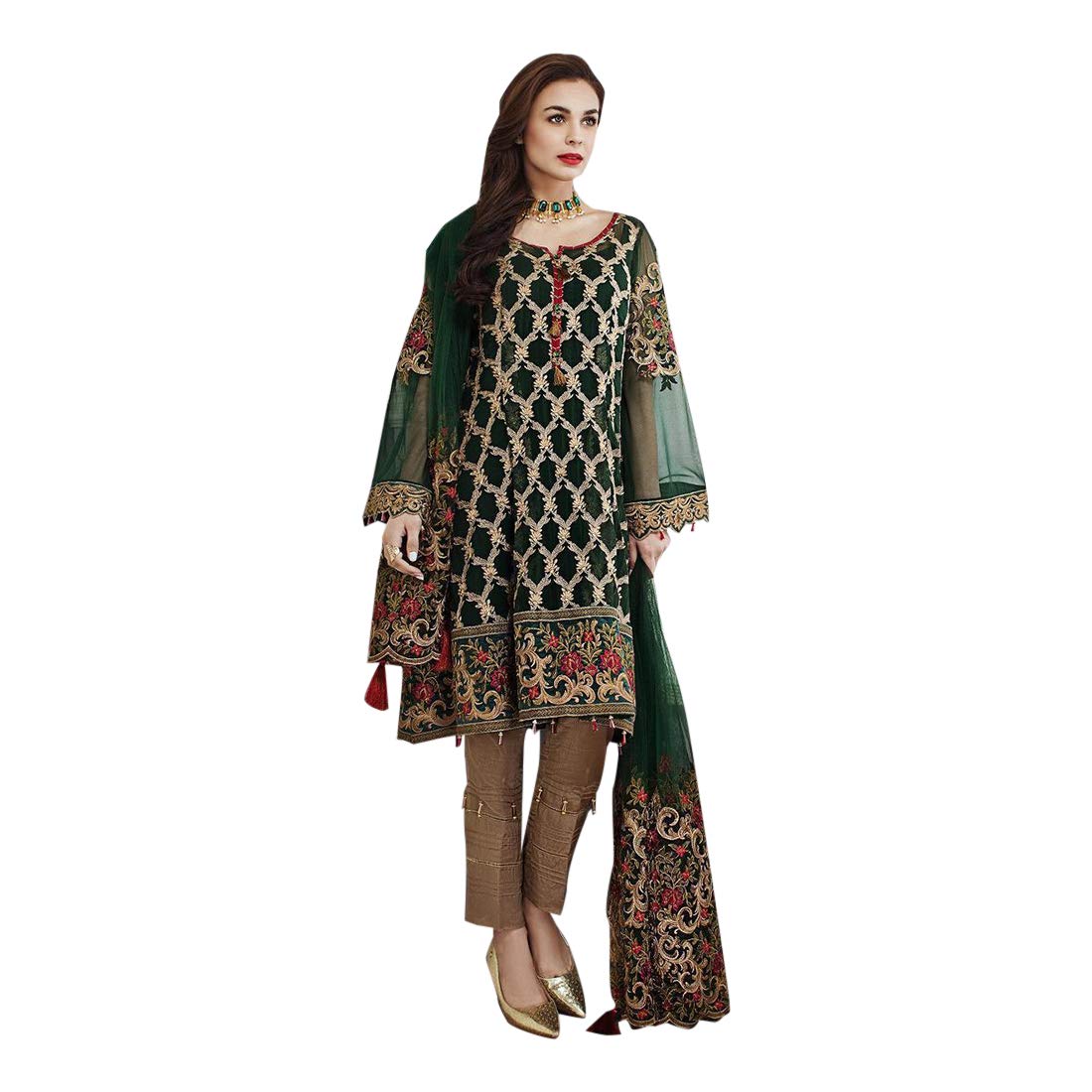 SHRI BALAJI Green Faux Georgette Pant Style Salwar Kameez for Women | Muslim Festive Party Wear | Semi-Stitched Indian Ethnic Dress 8608 | Perfect for Weddings, Festivals & Special Occasions