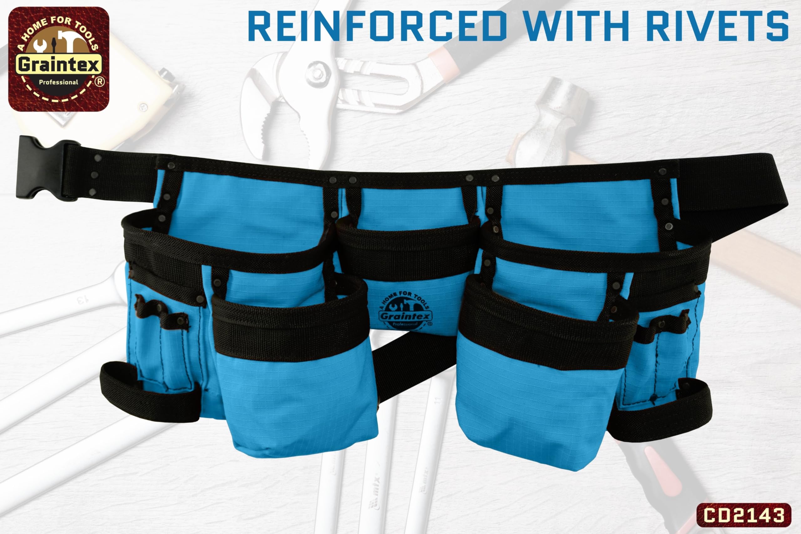 Graintex CD2143 11-Pocket Professional Tool Belt - Royal Blue Canvas Work Belt with Hammer Loops | Durable Tool Organizer for Carpenters, Electricians & DIY Projects | Perfect for Construction, Home Renovation & Woodworking