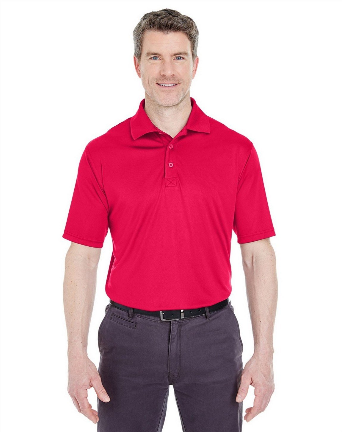 UltraClub 8425 Men's Performance Interlock Polo Shirt - Moisture Wicking, Breathable, Comfort Fit - Red, Large - Perfect for Golf, Work & Casual Wear