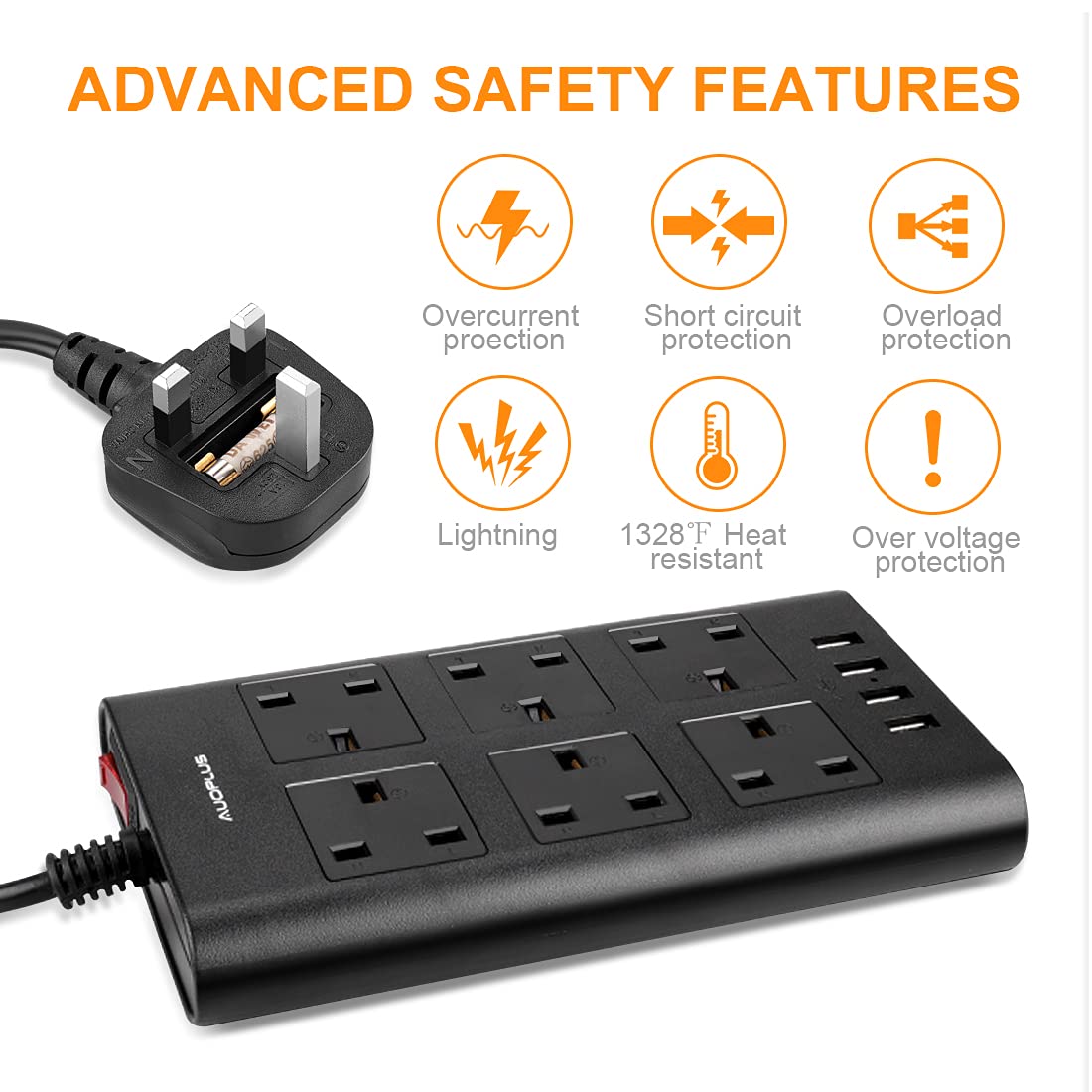 AUOPLUS 6 Outlet Surge Protector Power Strip with 4 USB Ports (2.4A Each) - 6ft Extension Cord - Multi Plug Charger for Phone, Tablet, Laptop - Home & Office Use - Black | Perfect for Workstations, Bedrooms & Entertainment Centers