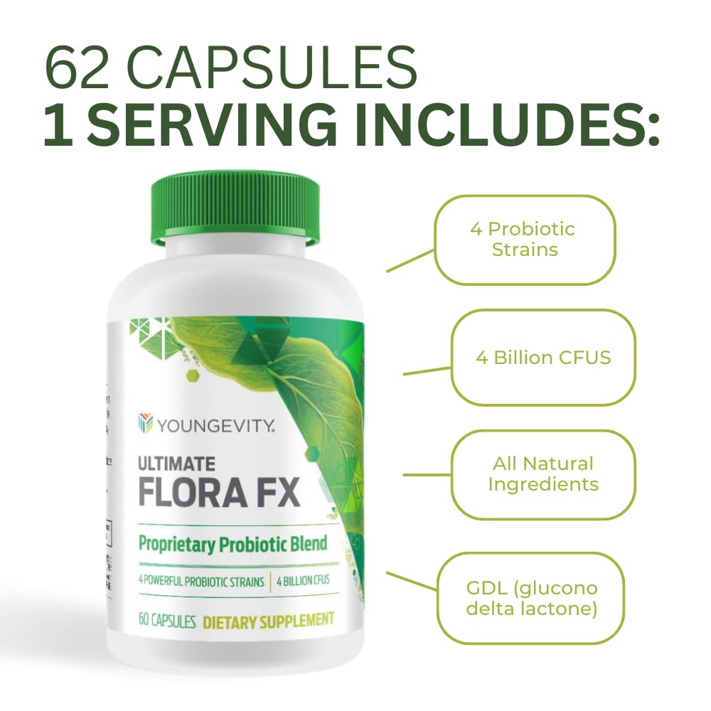 Youngevity Ultimate Flora FX Probiotic Supplement - 4 Bottles (60 Capsules Each) for Digestive Health & Immune Support - Perfect for Daily Wellness Routine & Travel