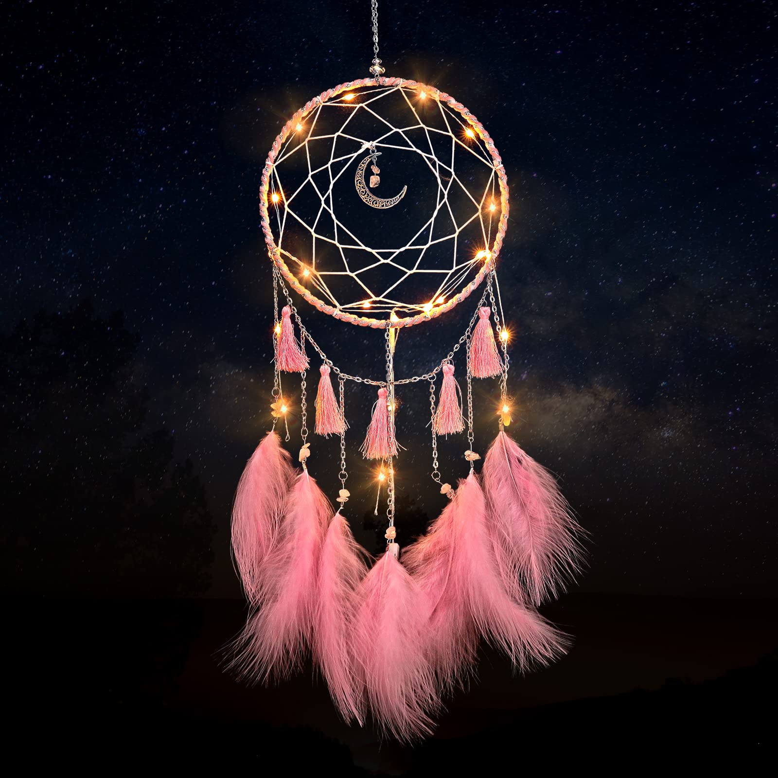 Handmade LED Dream Catchers for Adults & Kids - Moon Shaped Light Up Wall Hanging Decor with Feathers & LED Lights (Pink) - Perfect for Bedroom, Nursery, Dorm Room & Boho Home Decor