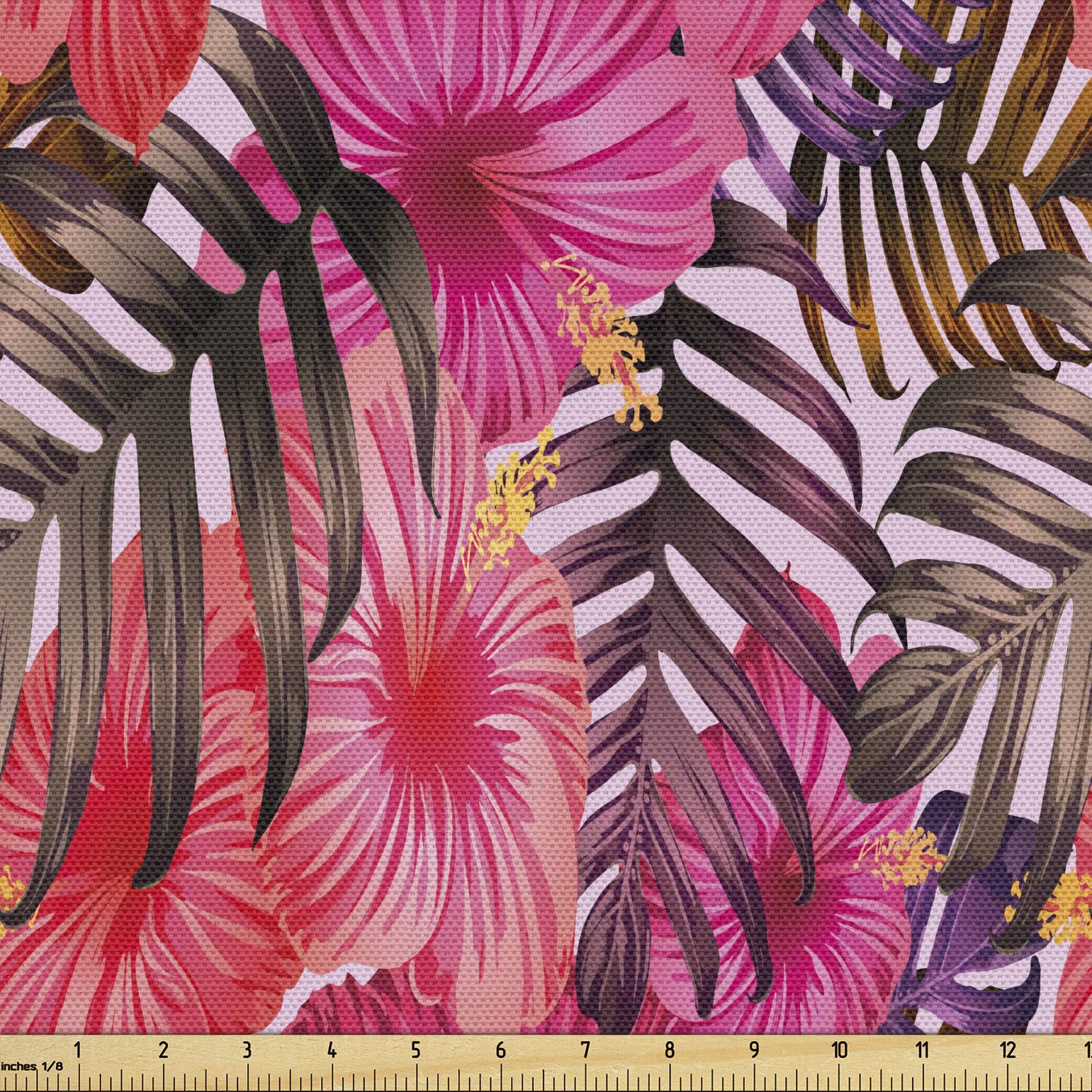 Ambesonne Exotic Orchids & Leaves Botanical Fabric by The Yard - Colorful Summer Botany Print for Upholstery, Curtains & Home Decor - 10 Yards Taupe Raspberry - Perfect for DIY Projects, Sofa Covers & Wall Hangings