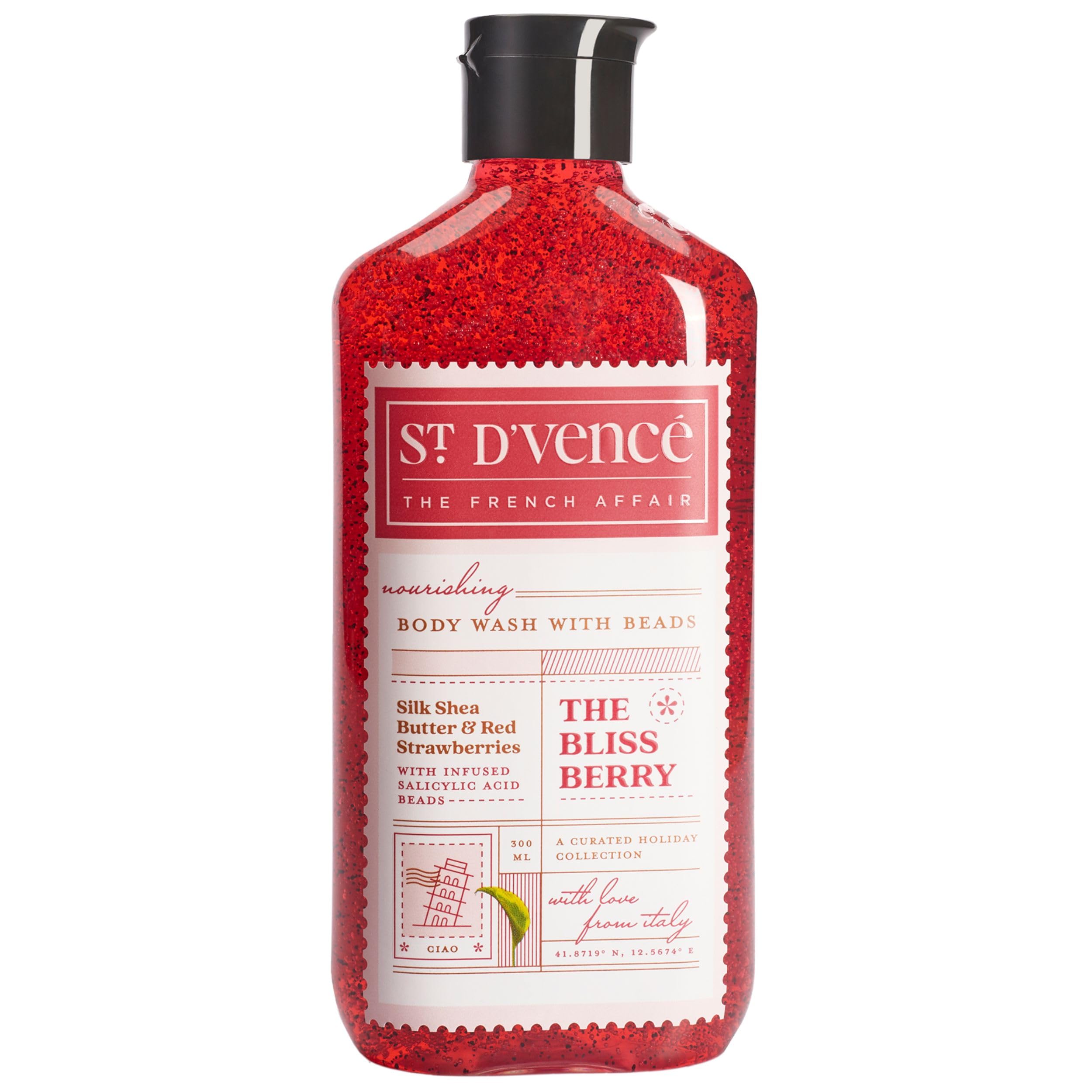 St. D'vence Bliss Berry Salicylic Acid Body Wash with Strawberry & Shea Butter - Exfoliating Shower Gel for Women & Men | Tan Removal, Paraben & SLS Free | 300ml | Perfect for Summer Skincare & Post-Sun Care