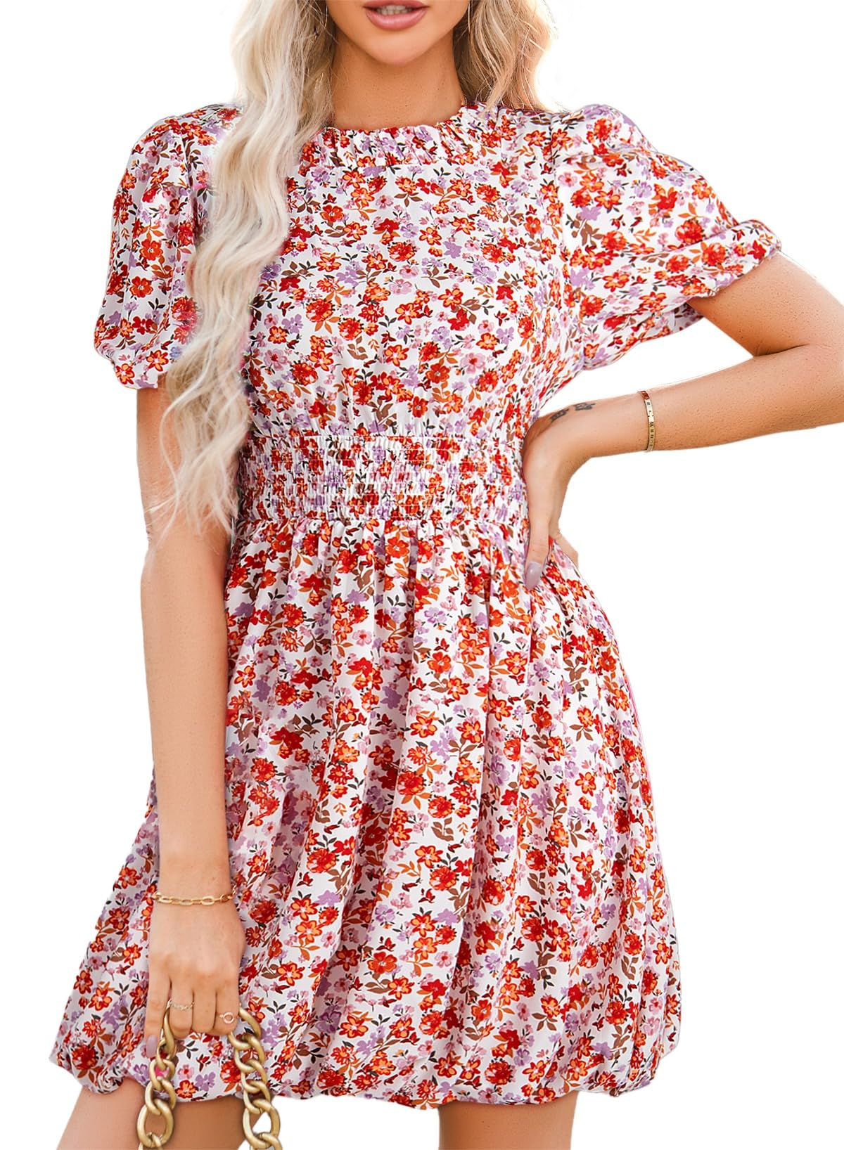 Dokotoo Women's Boho Floral Mini Dress - Crewneck, Puff Sleeve, Tie Back, Smocked Empire Waist - Perfect for Beach Vacations, Summer Outings & Boho Chic Style