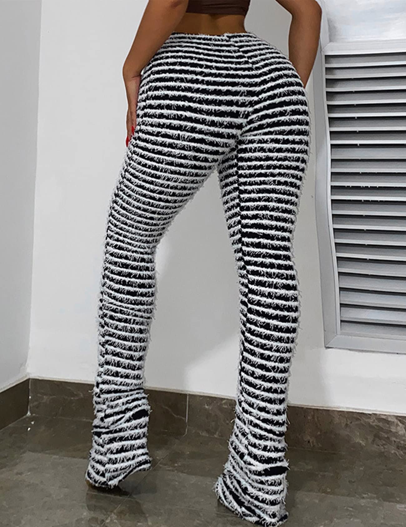 Yimoon Women's High Waisted Fuzzy Stacked Pants - Zebra Print Striped Y2K Leggings in Black & White | Cozy Lounge Pants for Casual Wear, Street Style & Winter Outfits