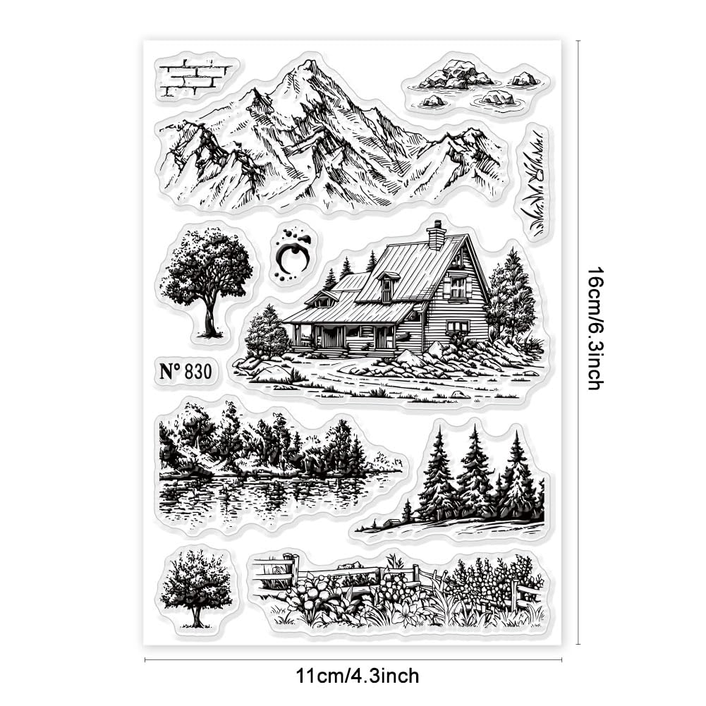 GLOBLELAND Clear Stamps Set for Scrapbooking - Tree, Bridge, River, House & Mountain Scenery Stamps (6.3×4.33 inch) - Perfect for DIY Photo Albums, Greeting Cards, Journaling and Craft Projects