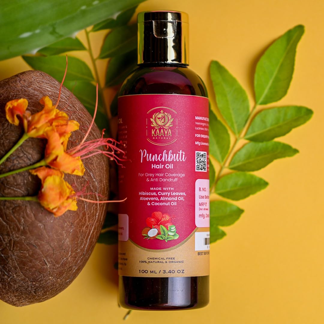 Kaaya Natural Panchbuti Hair Oil for Grey Hair, Hair Fall & Anti-Dandruff Treatment | 100% Organic & Natural Unisex Hair Growth Oil | 100ml Bottle | Promotes Healthy Scalp & Shiny Hair for Men & Women