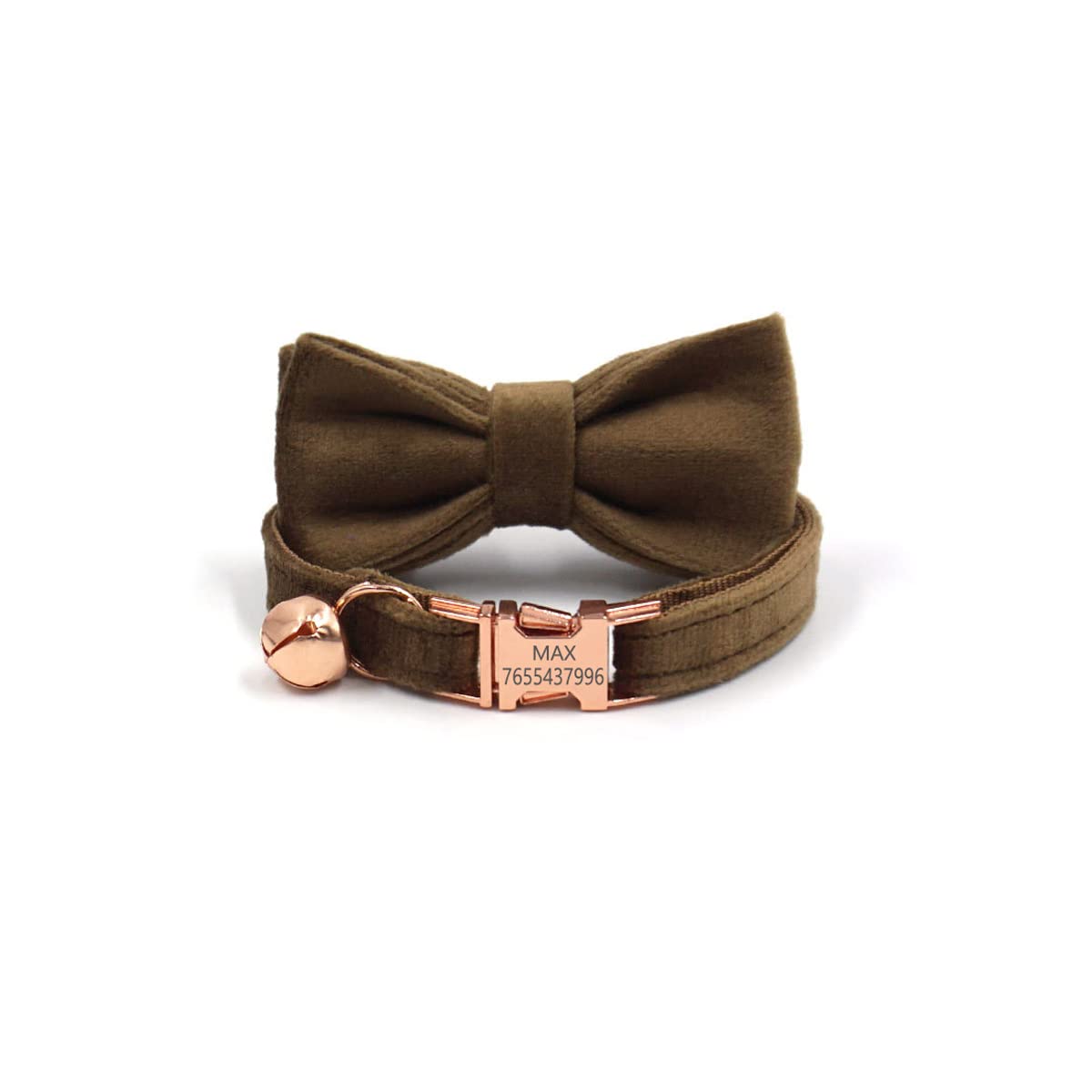 Custom Personalized Cat Collar - Adjustable Velvet Kitten Collar with Bell & Bow Tie - Engraved Nameplate for Small Dogs & Puppies (L 20-32cm, Brown) - Perfect for Pet Parties, Gifts & Daily Wear
