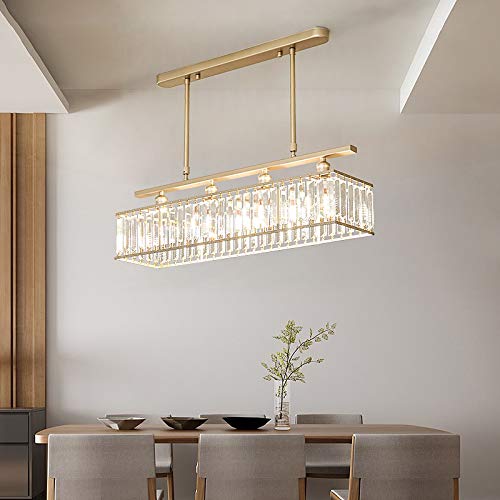 LITFAD Modern Rectangle Pendant Light - 4-Light Gold Metal Chandelier with Clear Crystal LED Hanging Fixture for Living Room, Dining Room, Restaurant & Bar | Elegant Lighting for Home Decor and Commercial Spaces