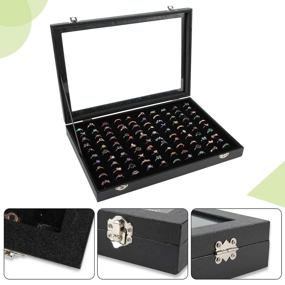 Premium Ring Display Case with Clear Lid - 100 Slot Jewelry Organizer Box for Rings, Studs & Earrings - Perfect for Store Showcase, Home Decor & Gift Packaging (Black)