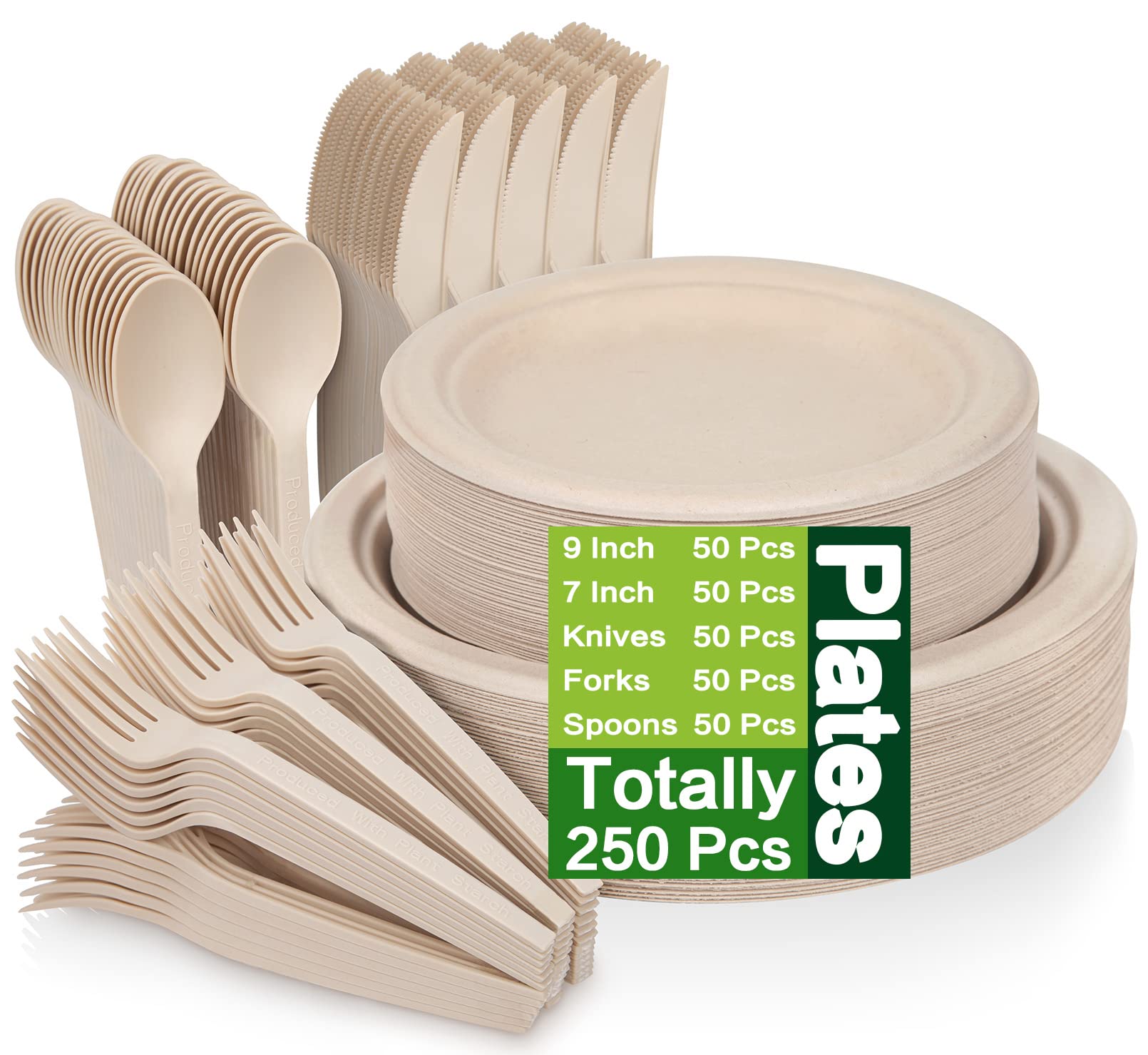 250-Piece Biodegradable Paper Plates Set with Extra Long Utensils | Eco-Friendly Sugarcane Fiber Disposable Dinnerware | Compostable Plates, Forks, Spoons & Knives for Parties, Camping, Picnics & Outdoor Gatherings