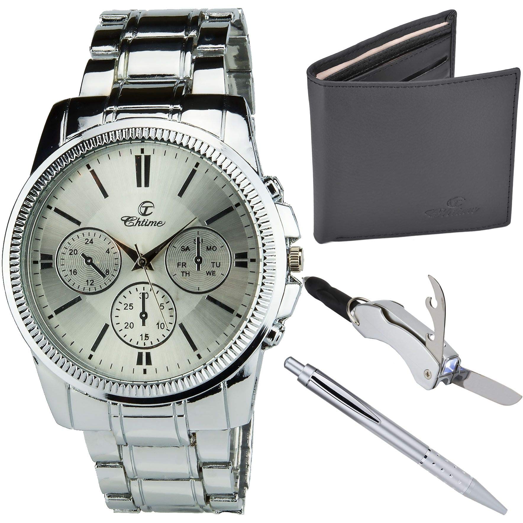 BELLOS Men's Luxury Watch Set - Stainless Steel Chronograph Watch with Gift Box, Wallet, Multi-Tool & Pen - Perfect for Business, Travel & Formal Occasions