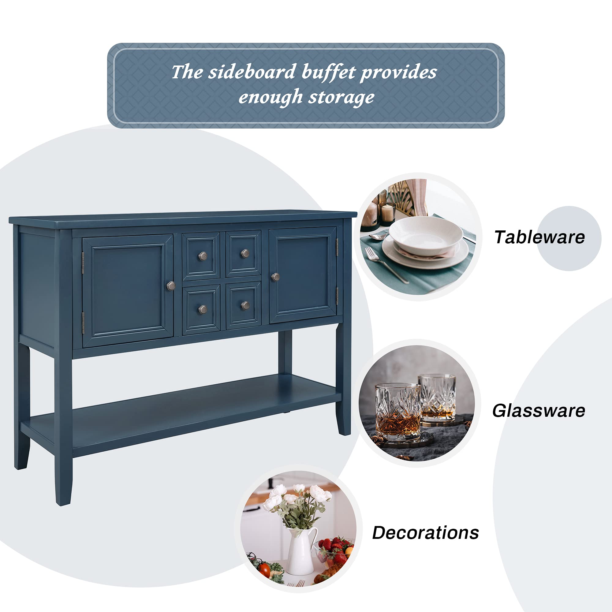 Antique Navy Wood Buffet Sideboard with Storage Cabinet & Drawers - Console Table, Sofa Table with Bottom Shelf for Living Room, Kitchen, Entryway - Perfect for Dining Room Storage & Hallway Decor