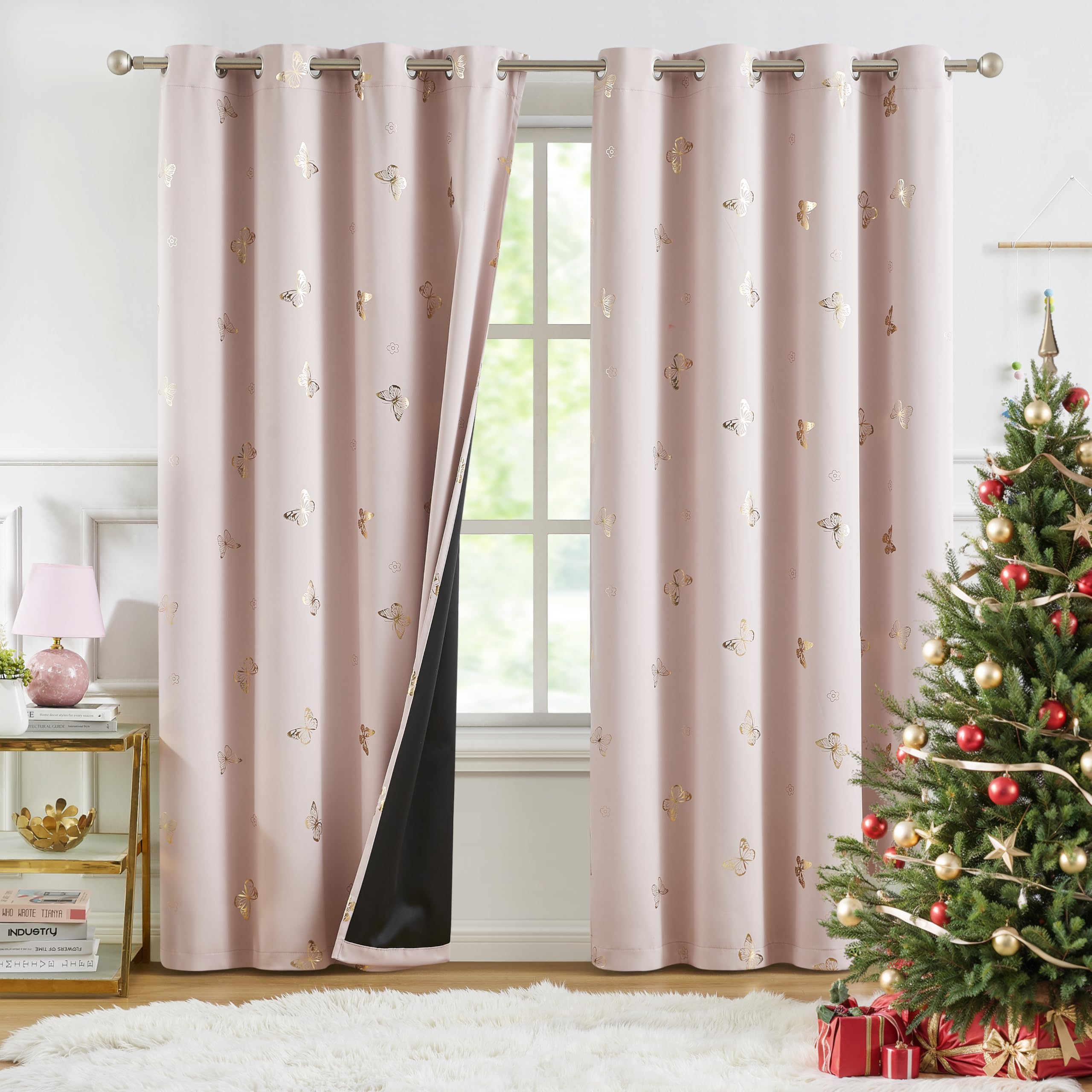 Jubilantex Pink Gold Butterfly Blackout Curtains - Thermal Insulated Grommet Window Drapes with Black Layer for Girls Bedroom (52x95 Inch, 2 Panels) - Perfect for Nursery, Kids Room & Light-Sensitive Sleepers