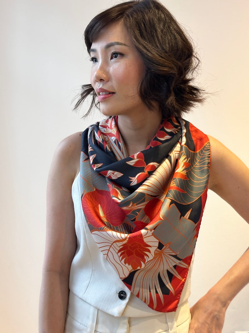 Stylish Tropical Print Silk Scarf for Women - Lightweight Fashion Accessory for Beach Parties, Summer Outfits & Vacation Essentials