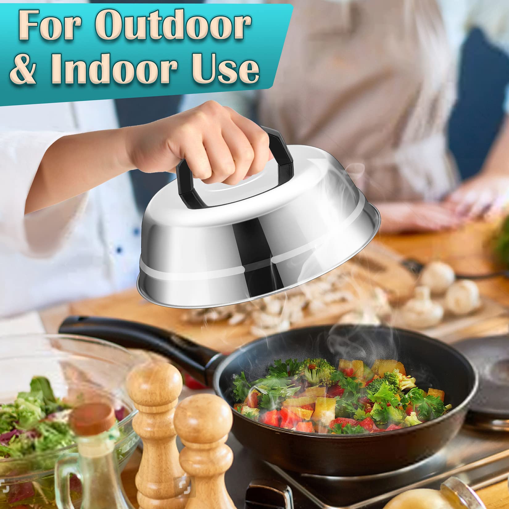 Joyfair 9-Inch Stainless Steel Basting Cover & Cheese Melting Dome for Griddle – Heat-Resistant Handle, Heavy Duty & Dishwasher Safe (2-Pack) – Perfect for Outdoor Camping, BBQ Grilling, Flat Top Teppanyaki & Indoor Kitchen Use