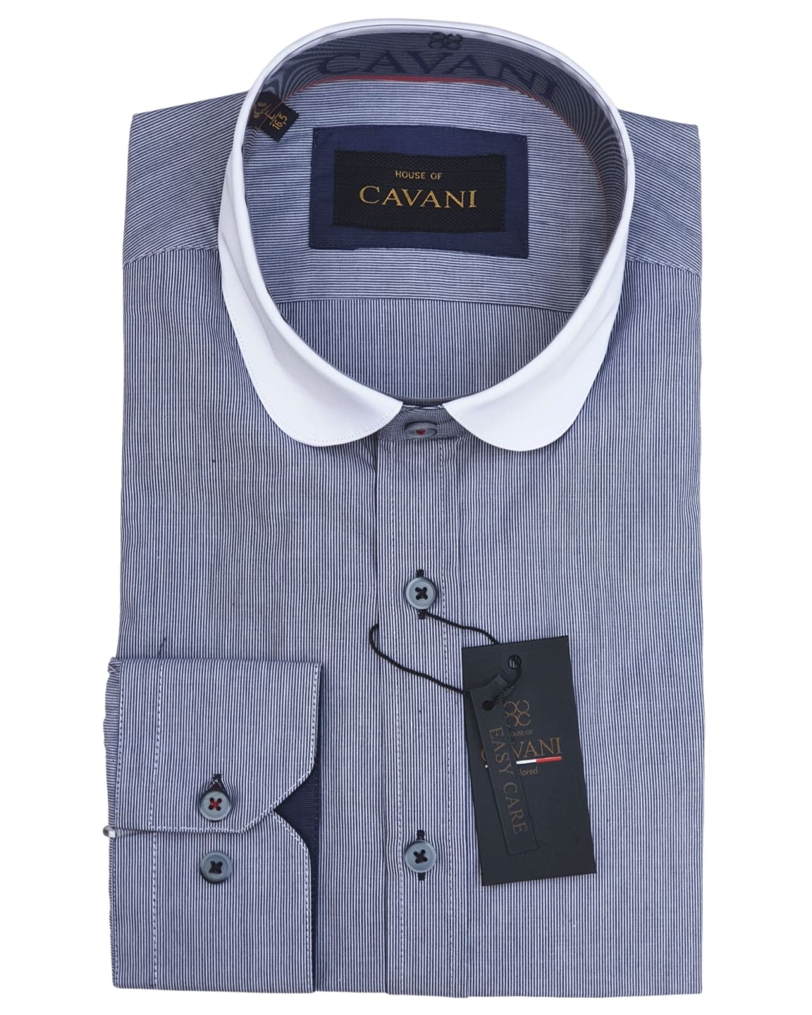 Vintage 1920s Cavani Men's Penny Round Collar Navy Striped Shirt - Retro Gatsby Style Formal Wear for Weddings & Costume Parties