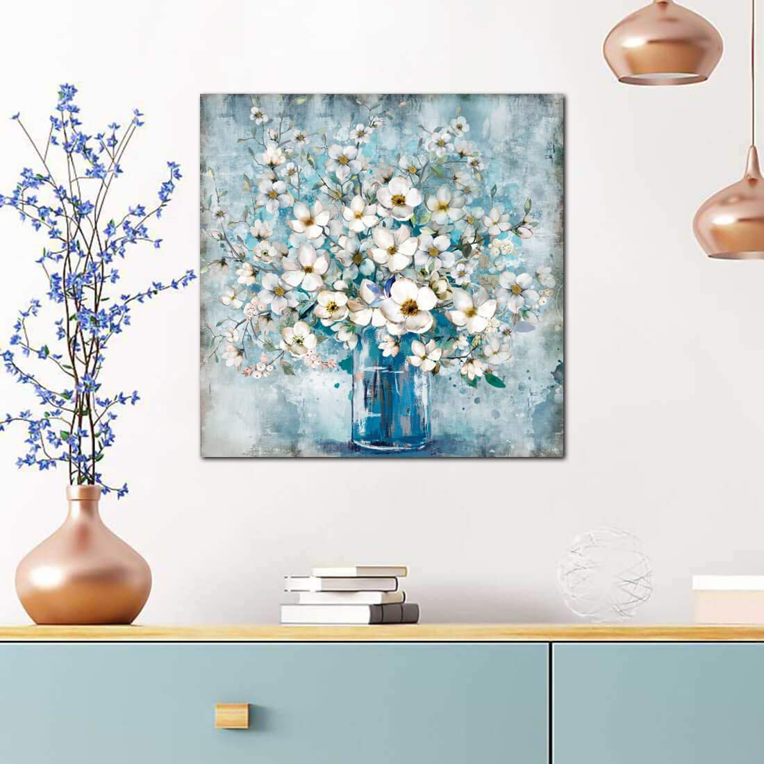 Modern Blue Bottle White Flower Canvas Wall Art - Framed Bathroom Decor, Ready to Hang Gallery Print for Kitchen, Bedroom & Living Room - 30x30 Inches - Perfect for Home, Office & Spa Decor