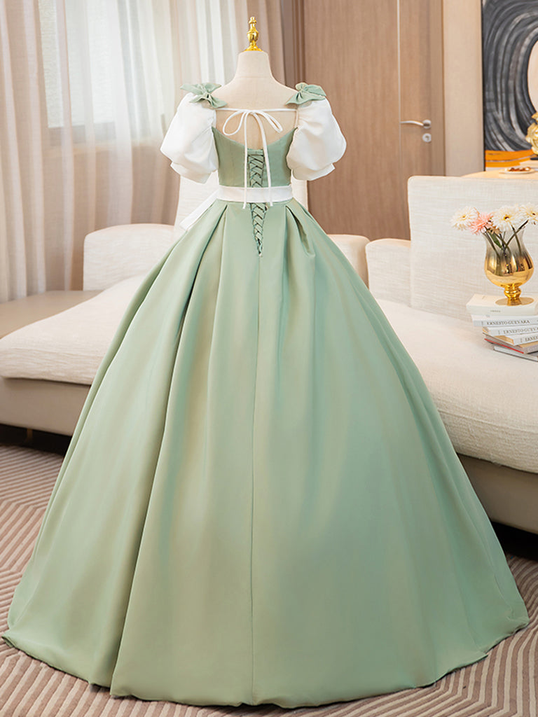 Elegant Puff Sleeves A-Line Satin Prom Dress in Green/White - Long Formal Evening Gown for Homecoming, Wedding Guest & Special Occasions