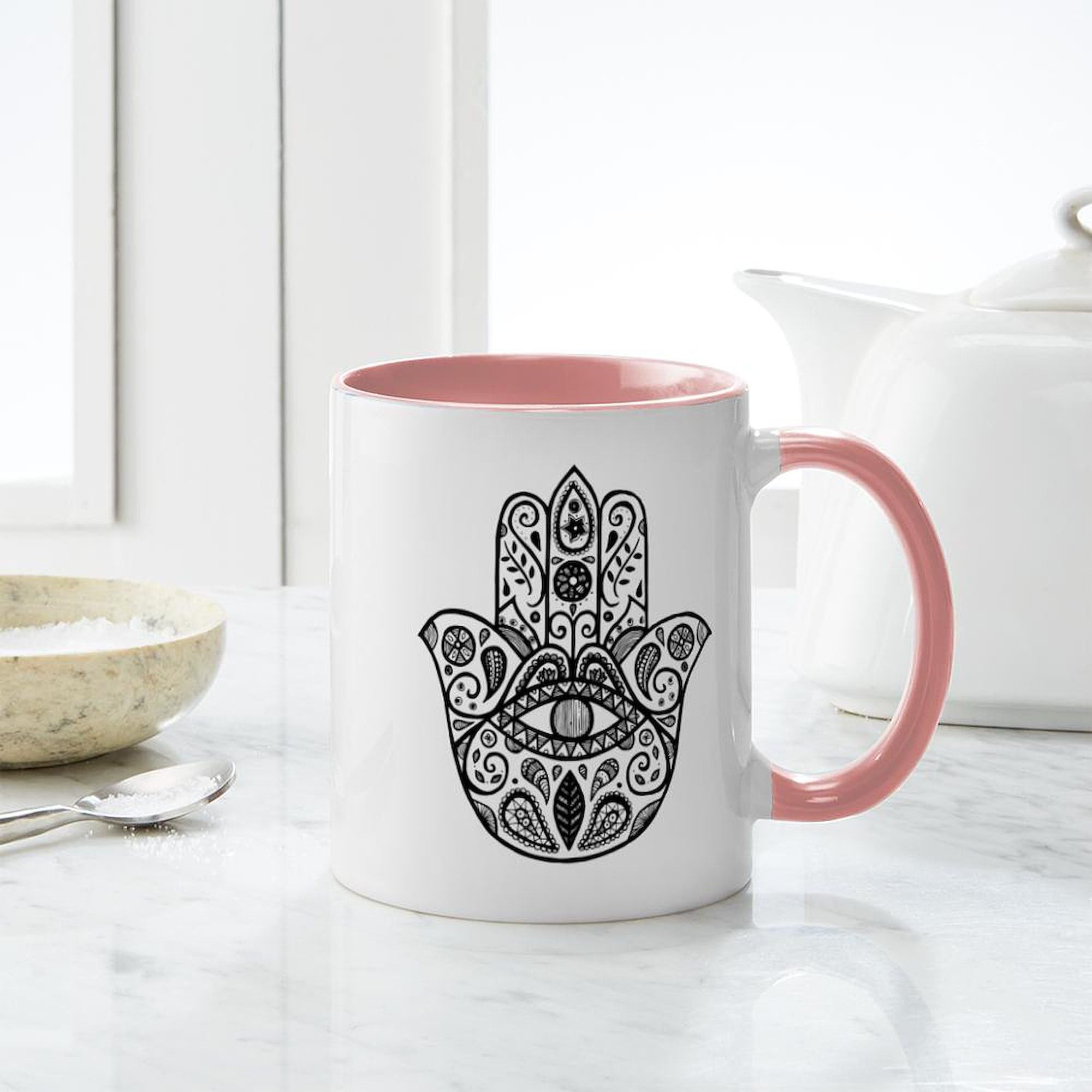 Hamsa Hand Ceramic Coffee Mug 11 oz (325 ml) - Unique Design for Tea, Coffee & Hot Drinks - Perfect for Home, Office & Gifts