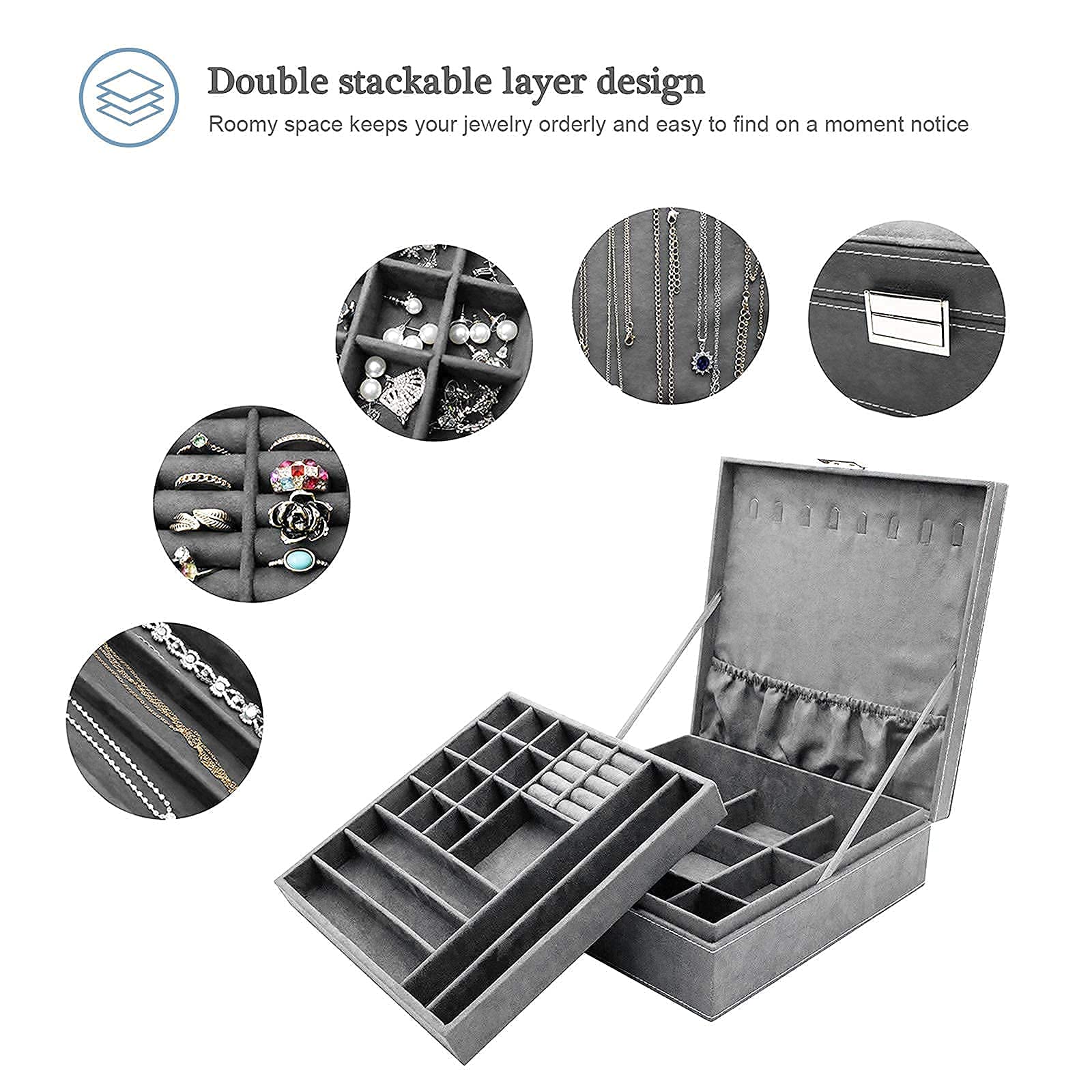 ProCase 2-Layer Jewelry Organizer with 3 Stackable Trays - Necklace, Ring & Earring Storage Case for Drawer, Vanity or Dresser | Perfect for Travel, Home & Retail Display
