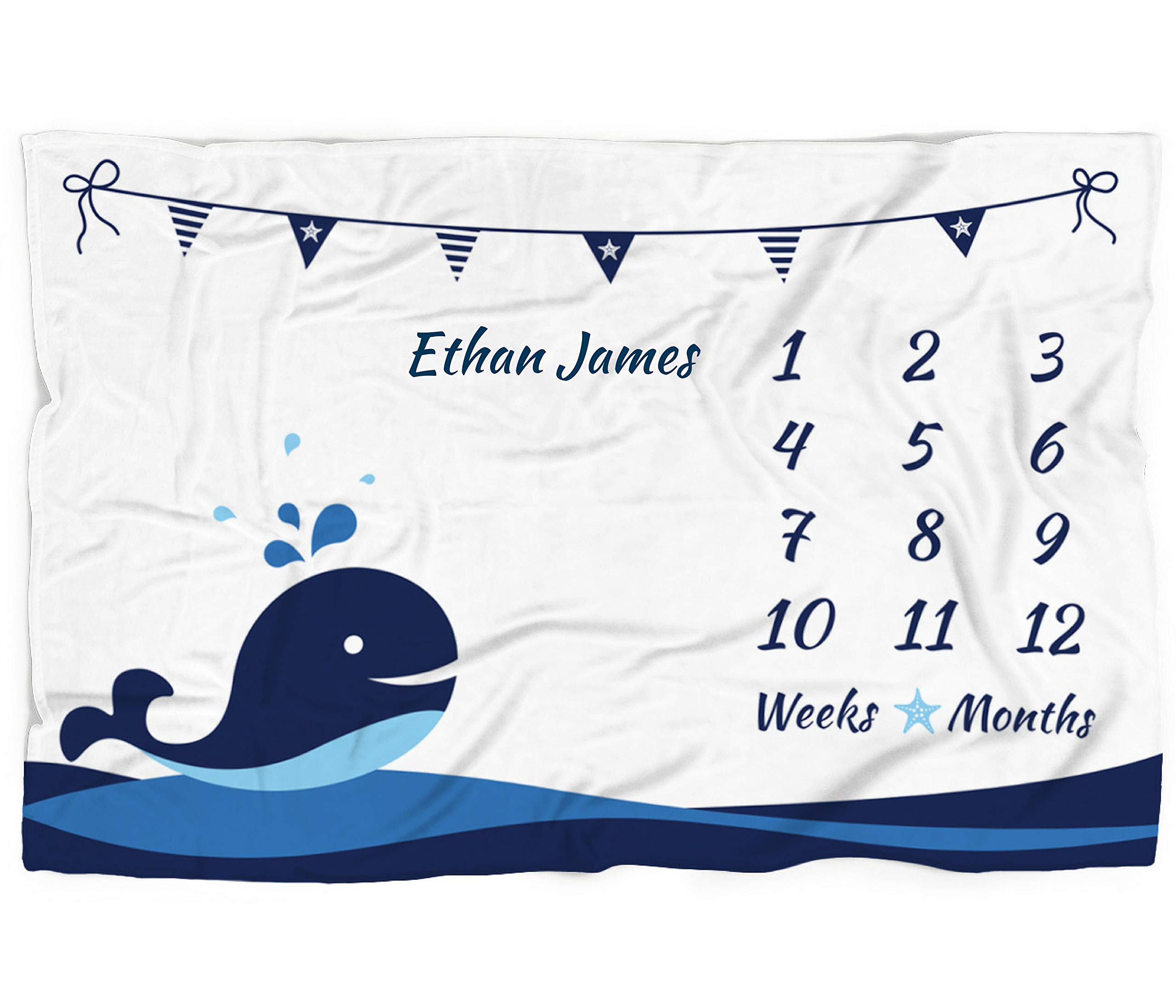 Personalized Baby Milestone Blanket - Nautical Whale Design for Newborn Photography & Growth Tracking (60