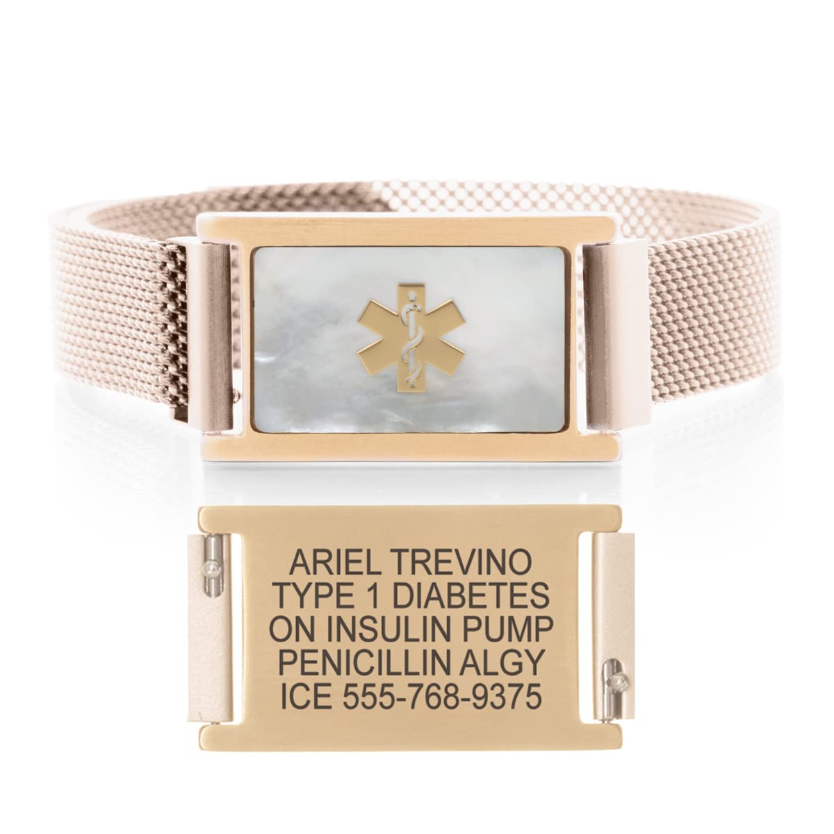Stylish Medical Alert Bracelet for Women - Mother of Pearl & Gold Tone Stainless Steel Custom Engraved ID Bracelet | Adjustable, Waterproof & Durable | Perfect for Daily Wear, Travel & Emergency Situations