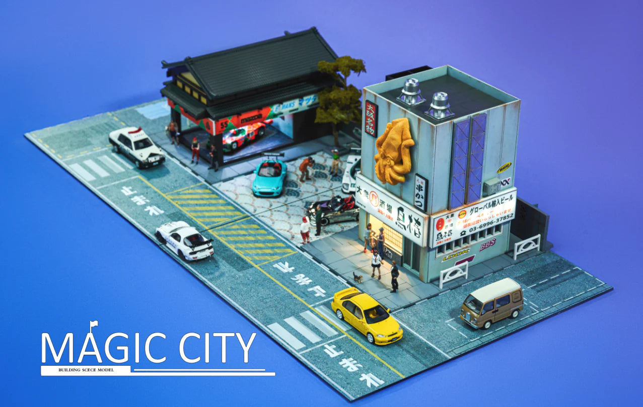 1:64 Scale Mazda Showroom & Japanese Squid Yaki Shop Model - Miniature Toy Car Collection for Display & Diorama Scenes - Perfect for Car Enthusiasts & Model Train Layouts