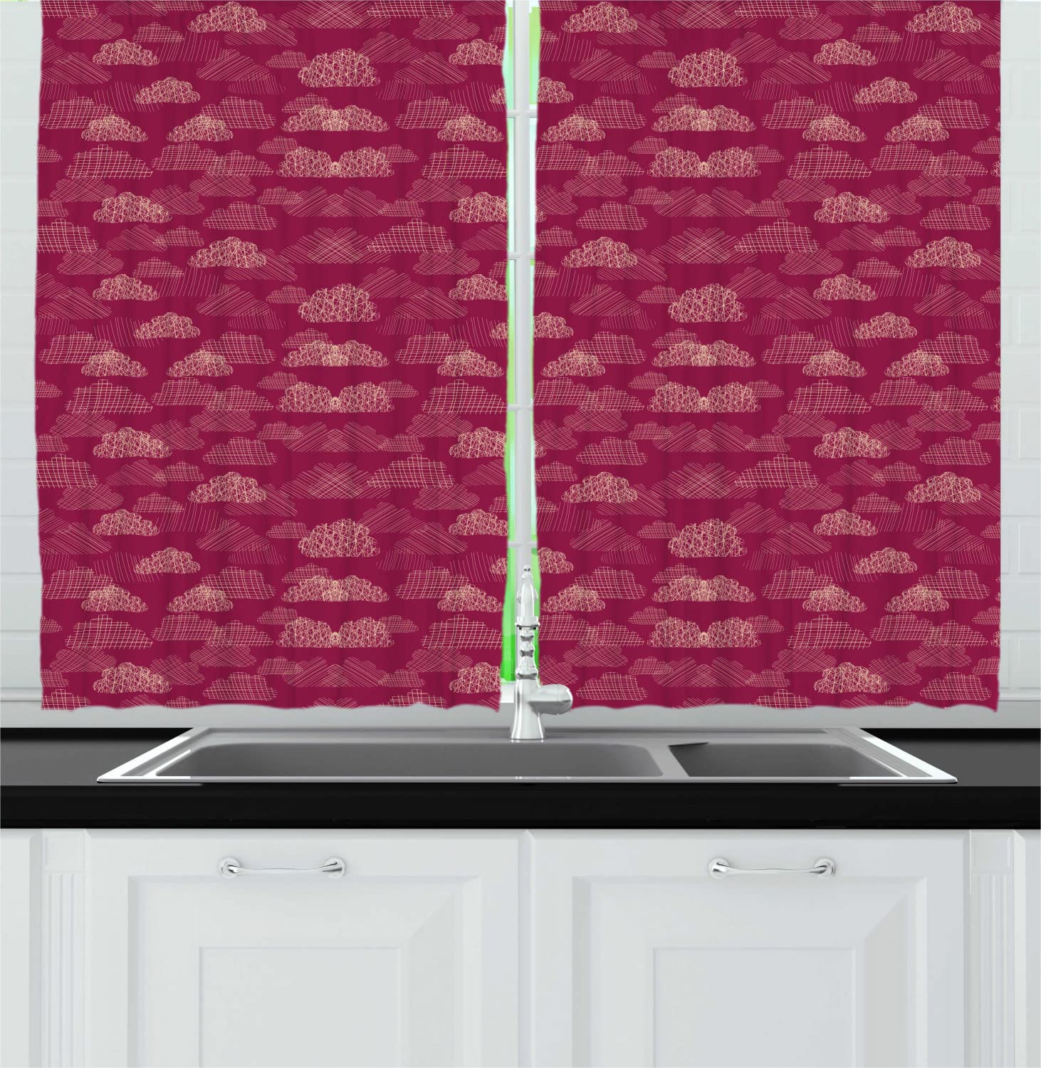 Ambesonne Abstract Long Kitchen Curtains - Modern Stripes & Lines Cloud Pattern in Dark Magenta Beige | Autumn Rainy Seasonal Monochrome Drapes with Rod Pocket | 55