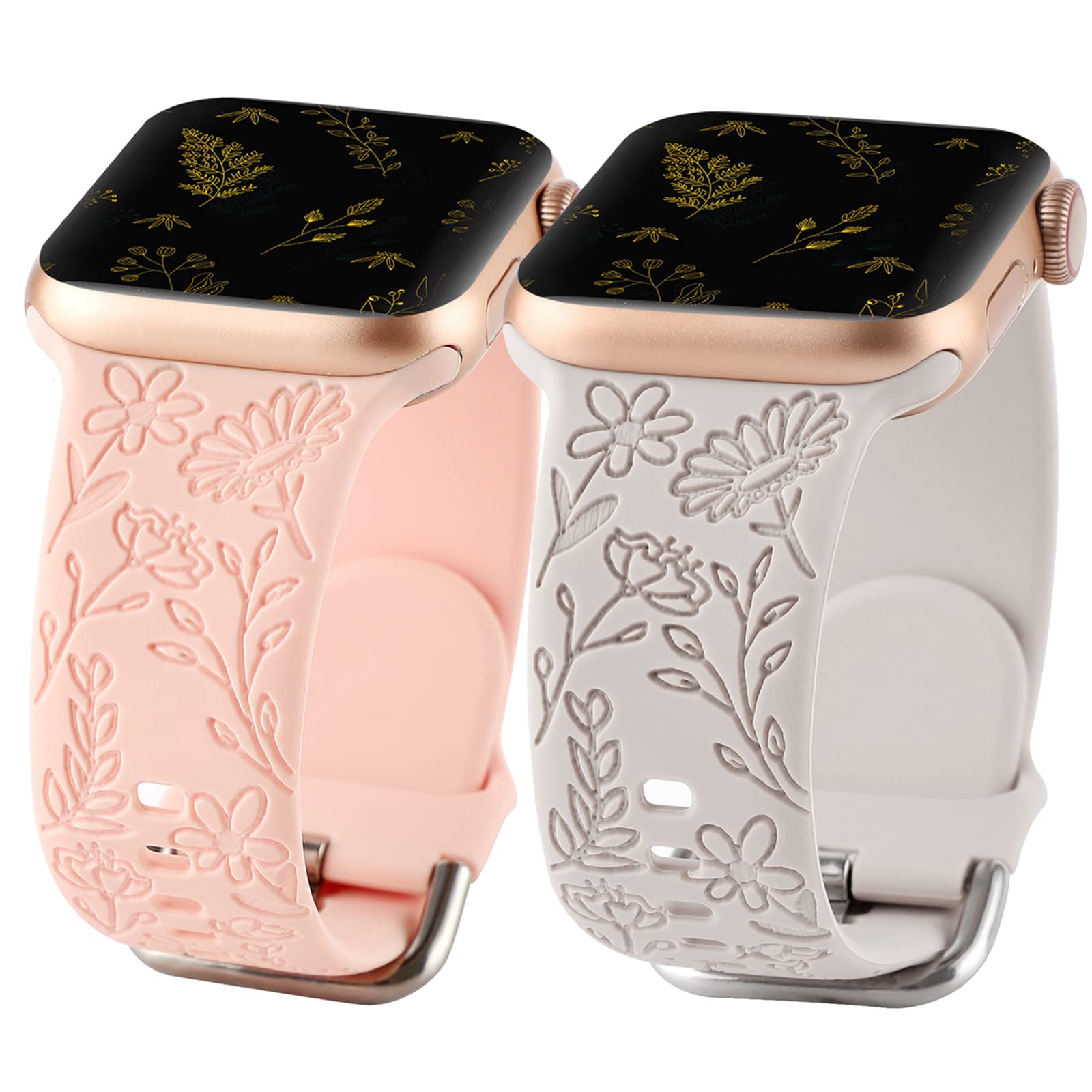 2 Pack Floral Engraved Sport Band for Apple Watch 38mm 40mm 41mm - Soft Silicone Replacement Strap Compatible with iWatch Series 8/7/6/5/4/3/2/1/SE - Women's Fashion Accessory for Workout, Running & Daily Wear