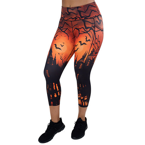 Spooky Halloween Haunted House Printed Leggings for Women - Stretchy Comfortable Costume Pants for Parties & Cosplay