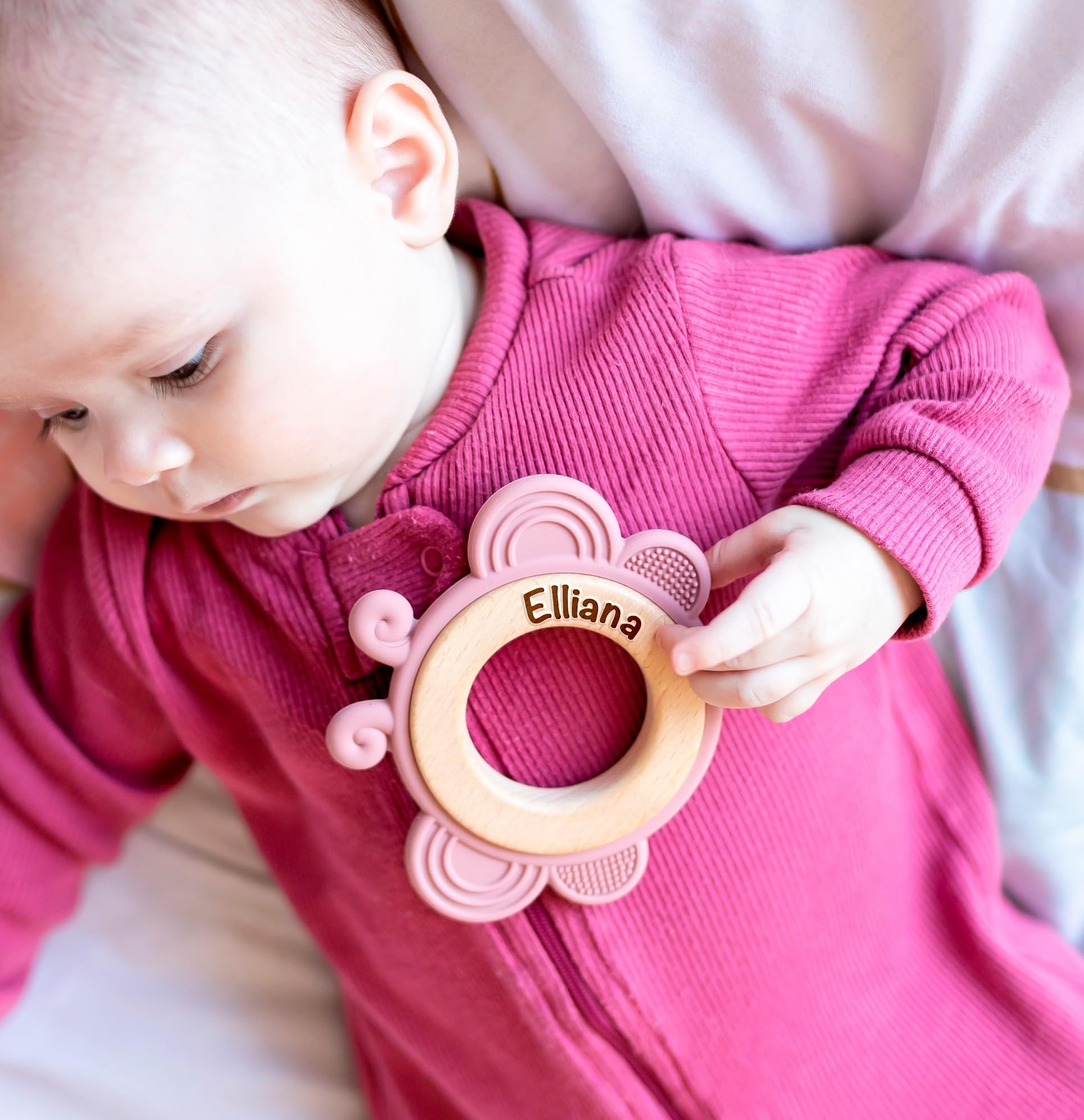 Personalized Baby Girl Teething Toy - Custom Wood & Silicone Teether Ring with Laser Engraved Name - Natural Baby Gift for New Parents with Gift Bag (Pink, Butterfly) - Perfect Baby Shower Gift & Newborn Teething Relief
