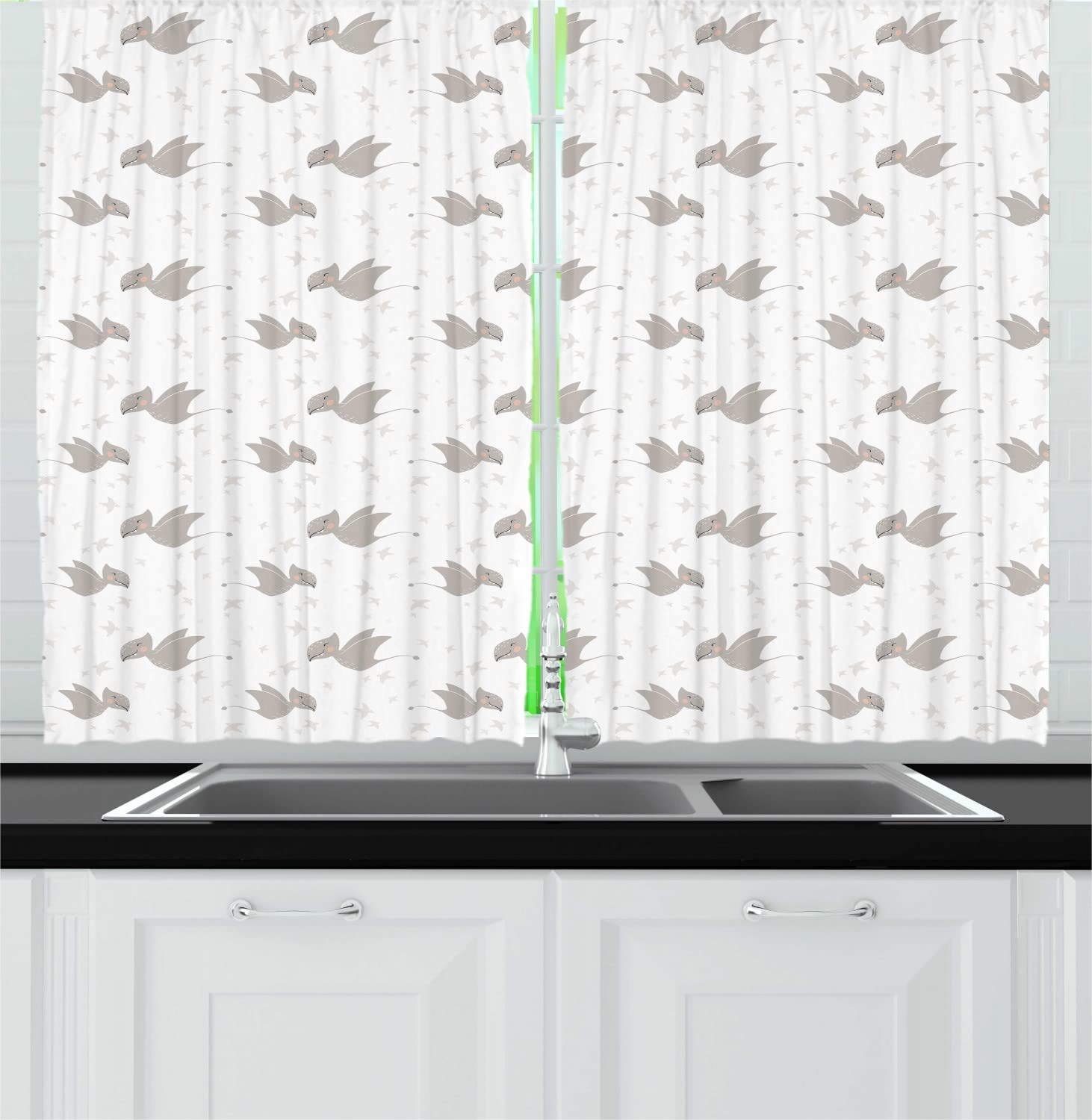 Ambesonne Dinosaur Themed Nursery Curtains - Happy Flying Dinosaurs & Spotted Pterodactyls Childish Drawing, 2 Panel Kitchen Drapes with Rod Pocket, 55