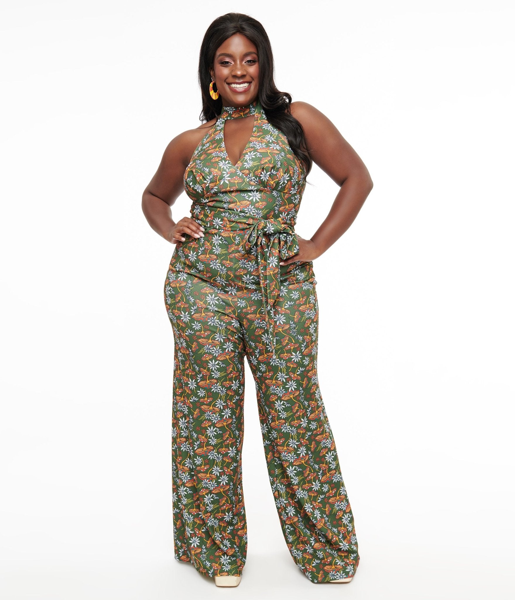 Smak Parlour Plus Size 1960s Vintage Green & Orange Mushroom Print Glamour Goddess Jumpsuit - Retro Party Outfit for Women, Halloween Costume, Themed Events