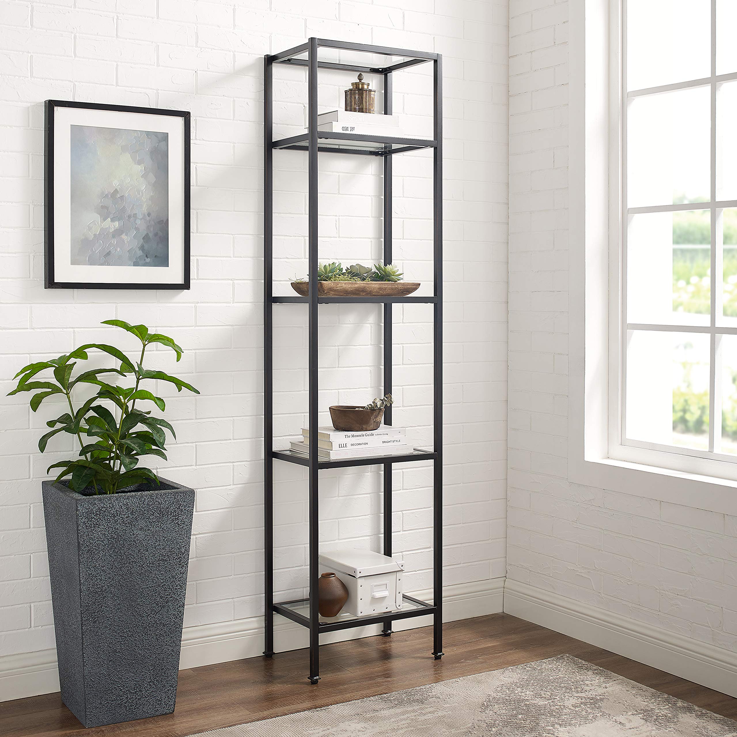 Crosley Furniture Aimee Narrow Bookshelf with Glass Shelves - Modern Bookcase Storage in Oil-Rubbed Bronze for Living Room, Office & Bedroom Organization