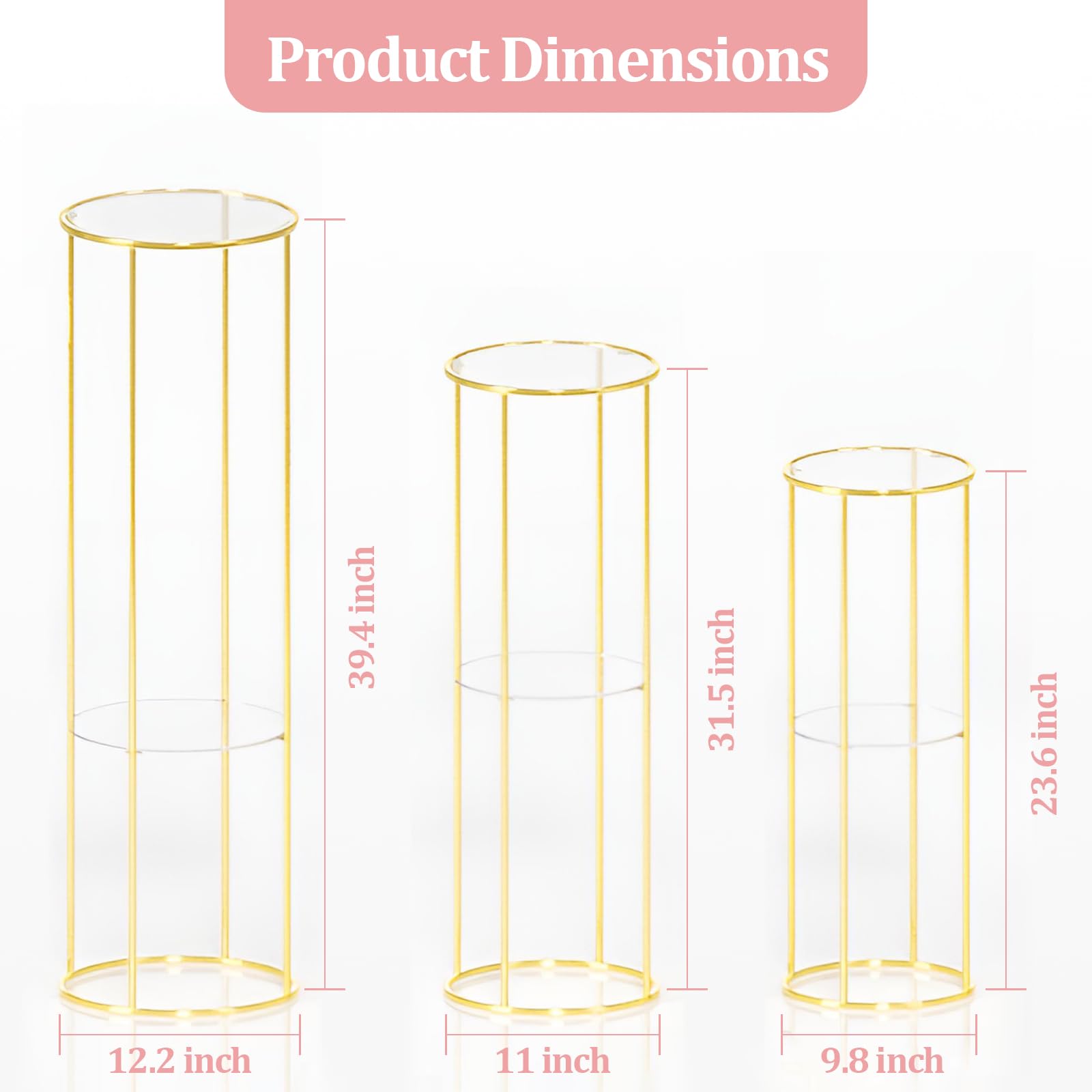 3-Piece Gold Metal Cylinder Stands for Party Display - Double Panel Round Pedestal Table, Plant Stand for Planter Flower - Perfect for Living Room Centerpieces, Wedding Decor & Event Displays